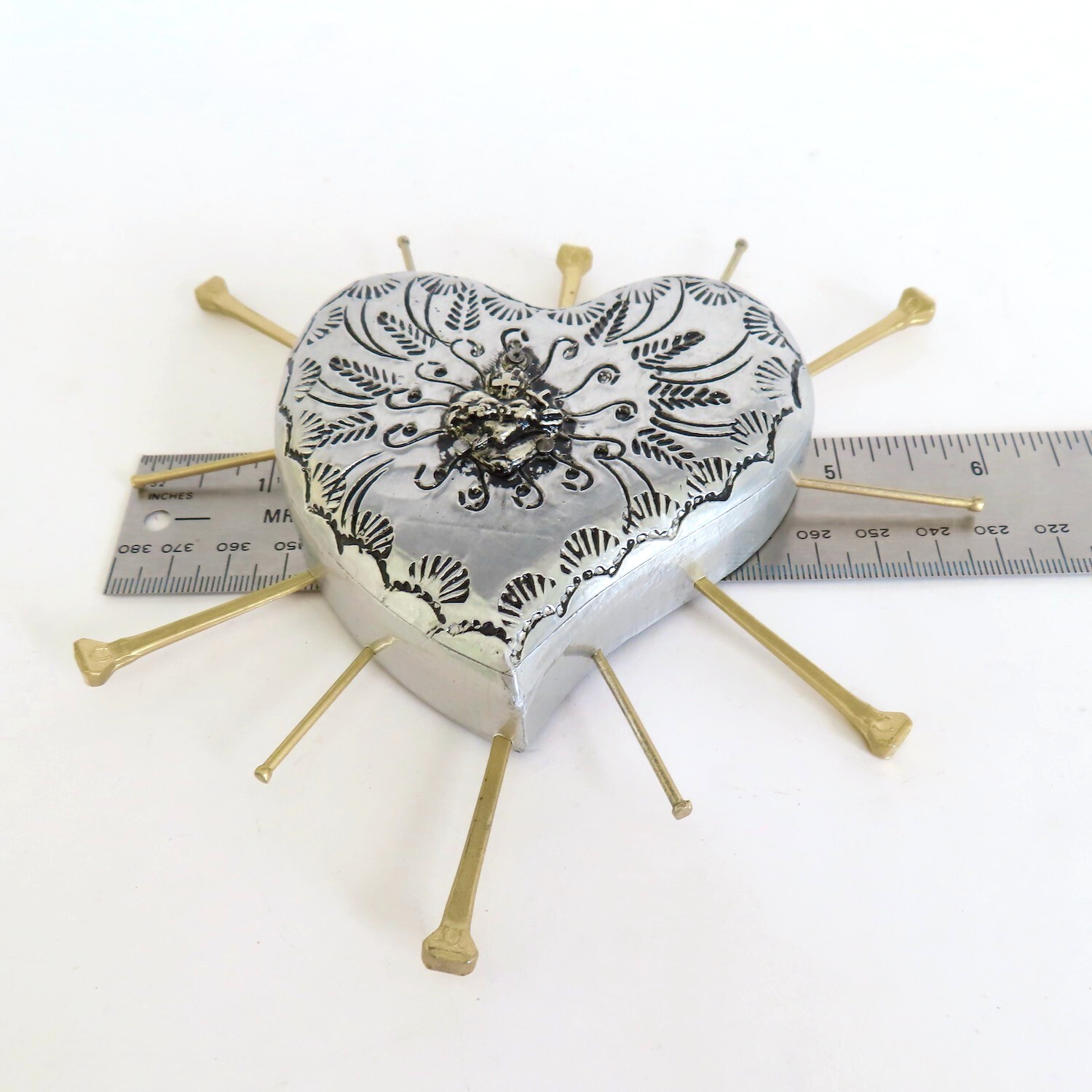Milagros Sacred Heart Nails Wood Silver Embossed Handmade Mexican Folk Art 6H