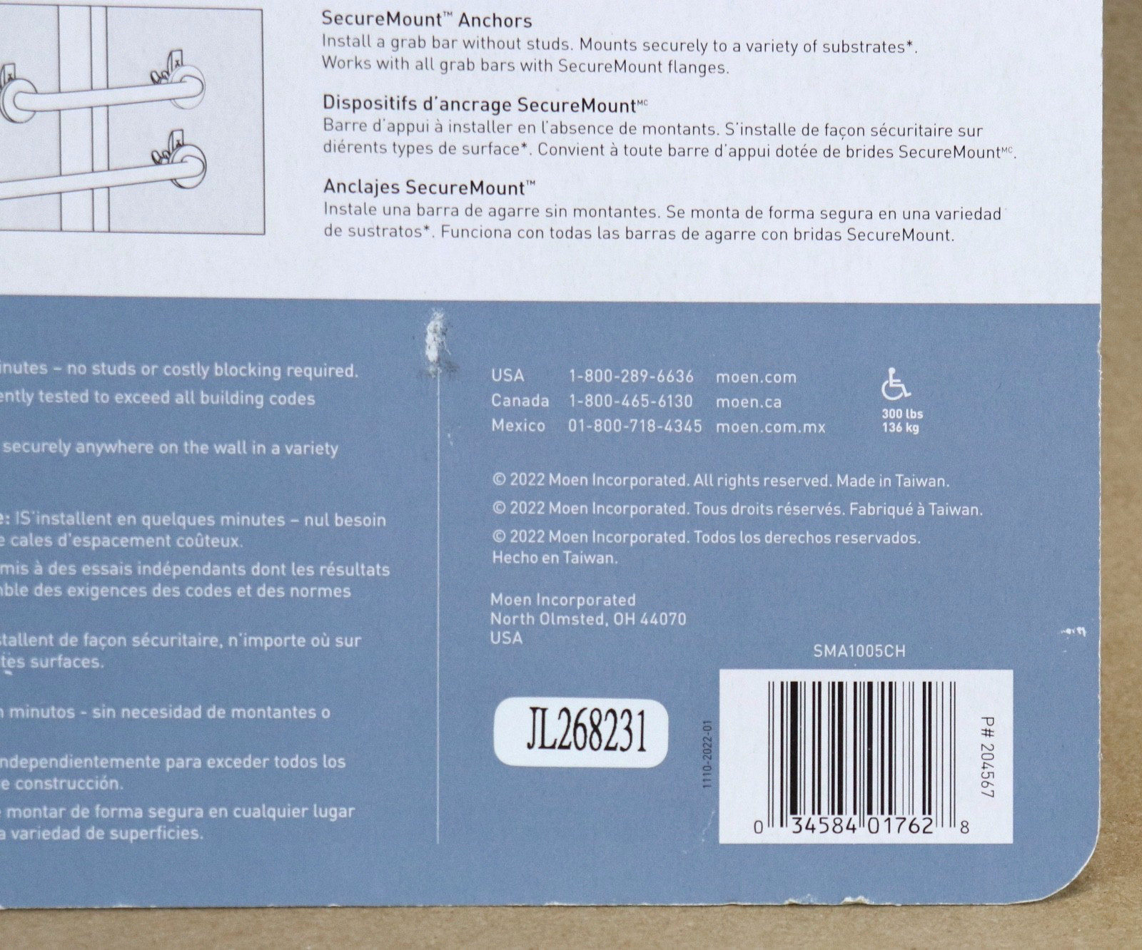 Moen Secure Mount Anchor SMA1005CH Brand New 300 lbs ADA-Compliant