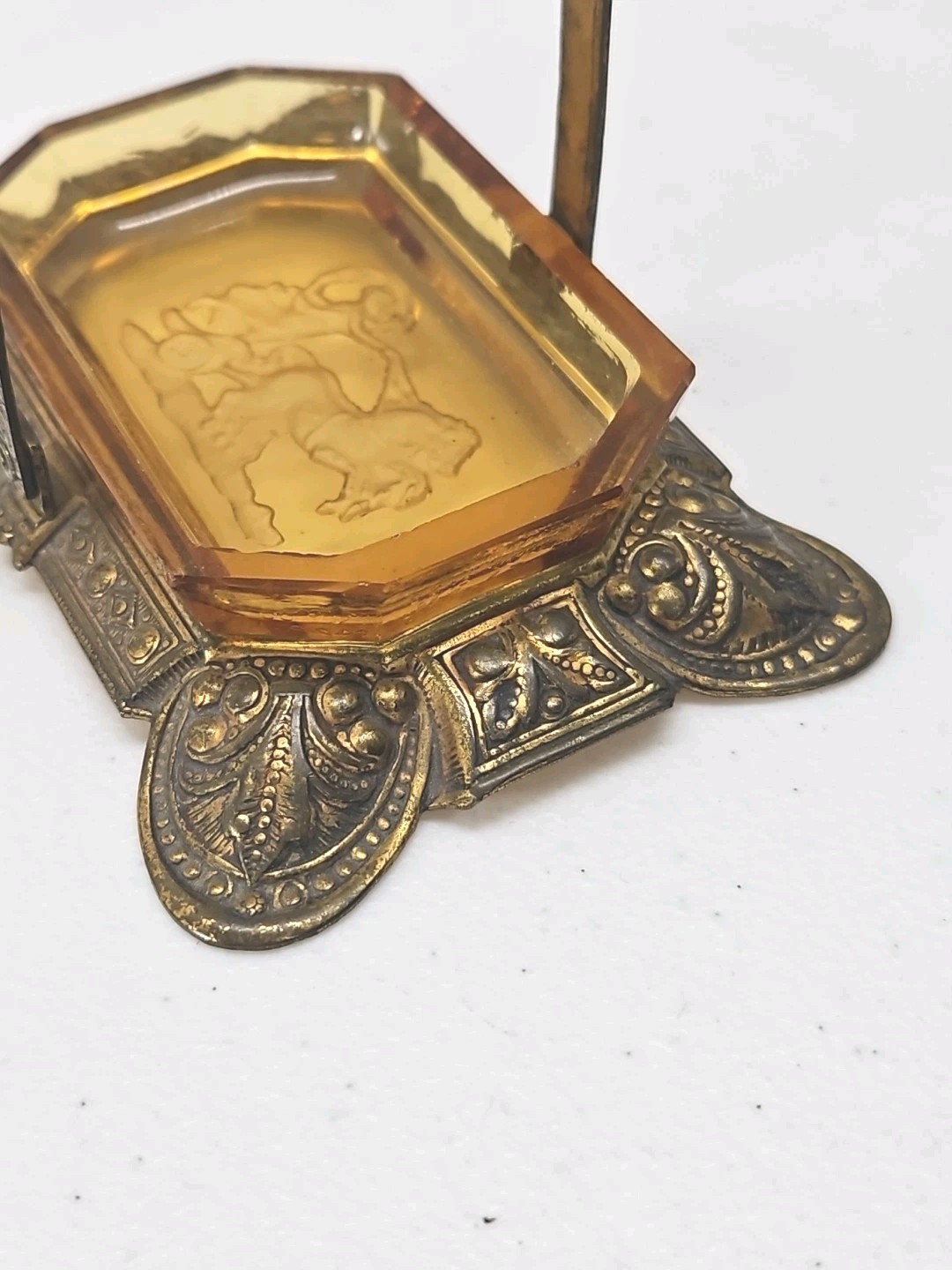 Antique Czech Amber Glass Salt Cellar Intaglio Design Ornate Brass Holder RARE
