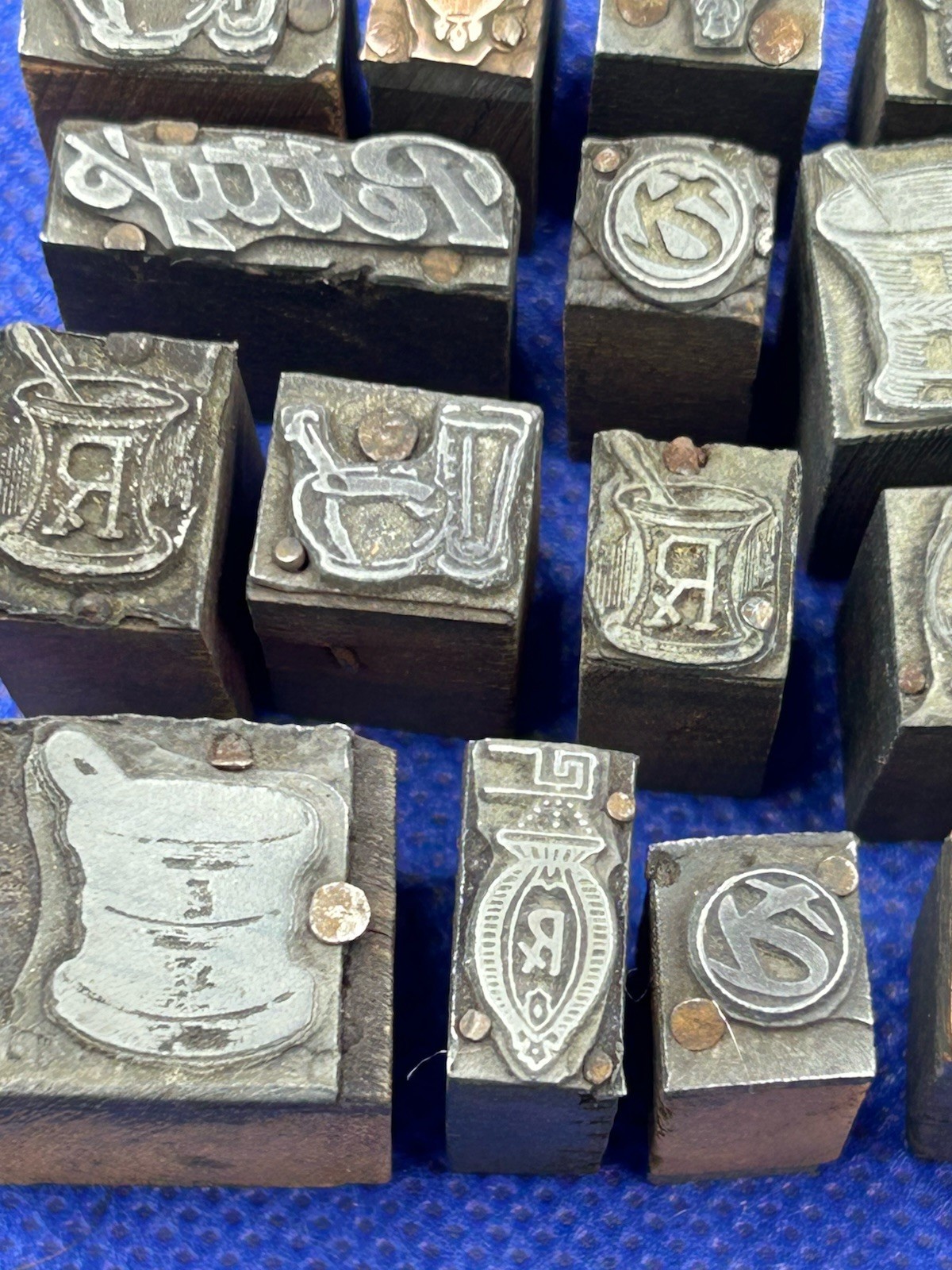Antique Figural Pharmacy Stamping Dies Pharmacist Log Stamps - LOT OF 30