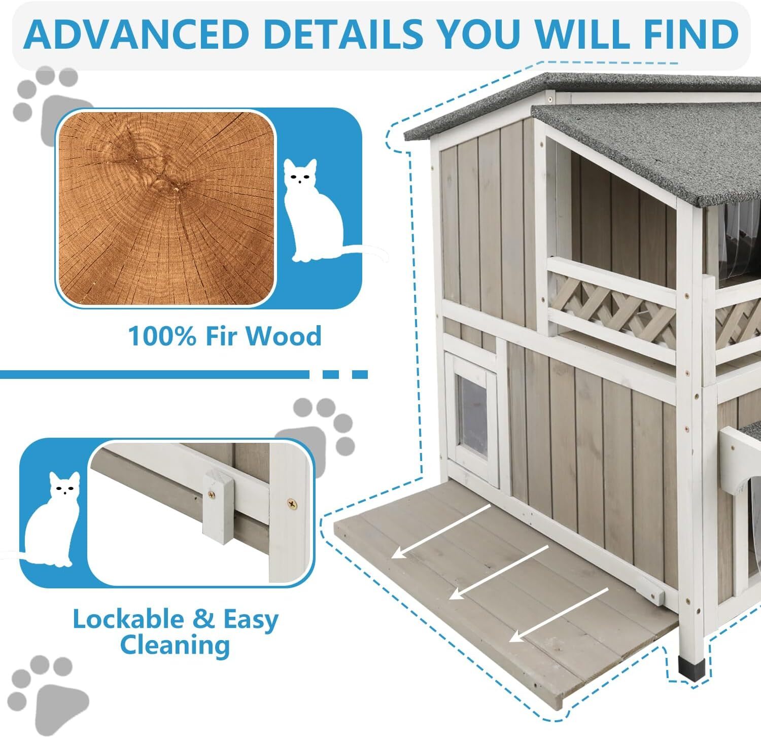 Two Story Cat House Outdoor Wooden Feral Cat Shelter with Balcony & Escape Door