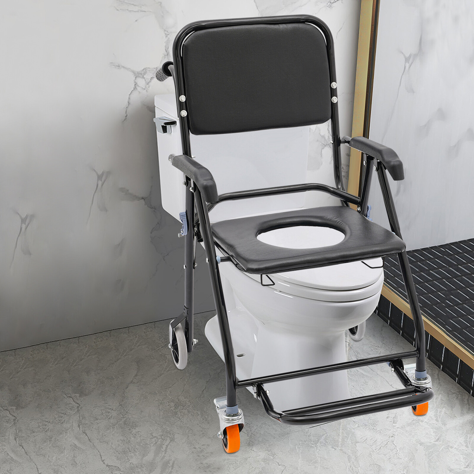 4-in-1 Toilet Rolling Transport Chair, Foldable Shower Chair With Wheels