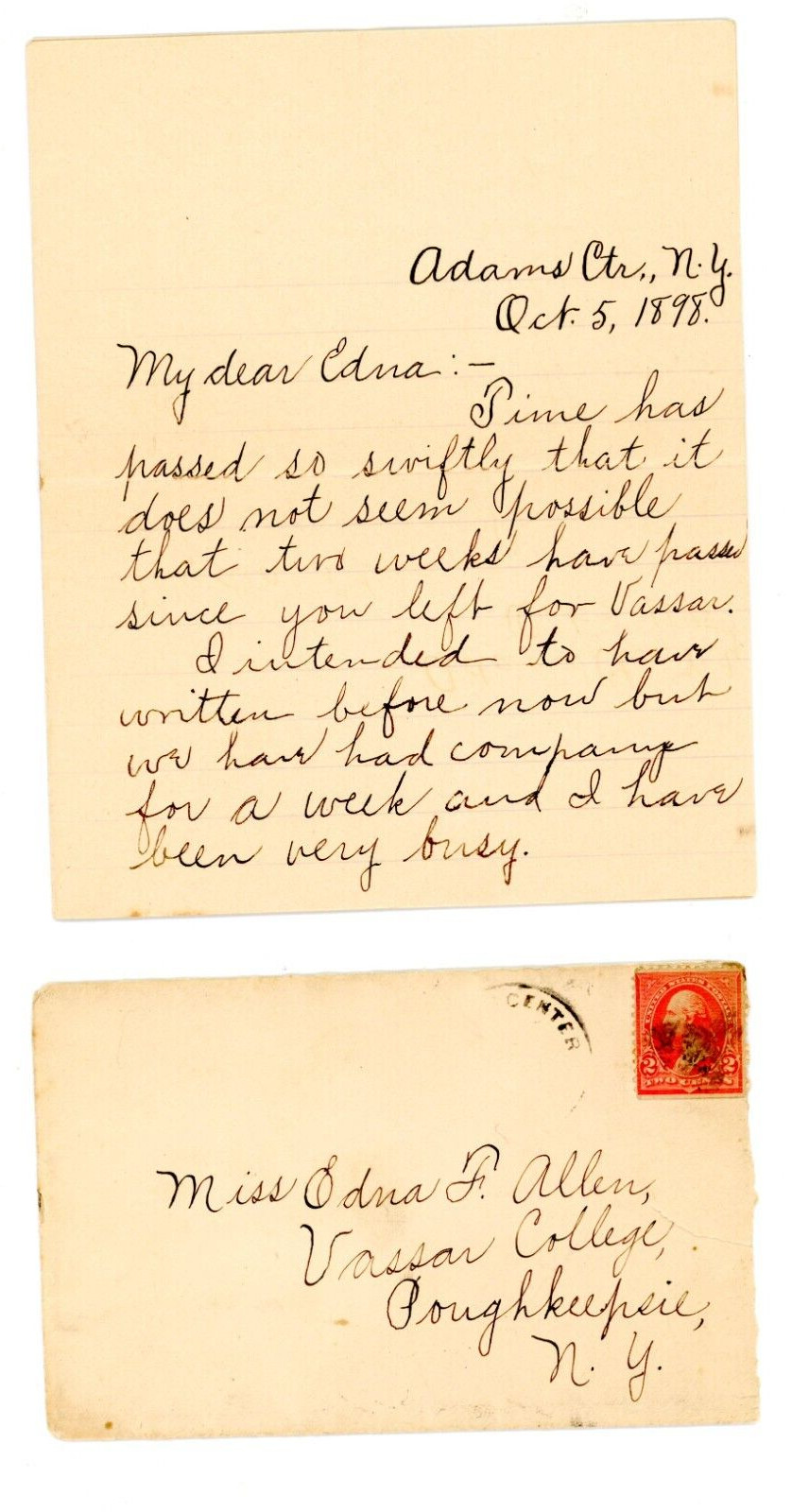 1898 Envelope Handwritten letter Vassar College Poughkeepsie NY Edna F Allen