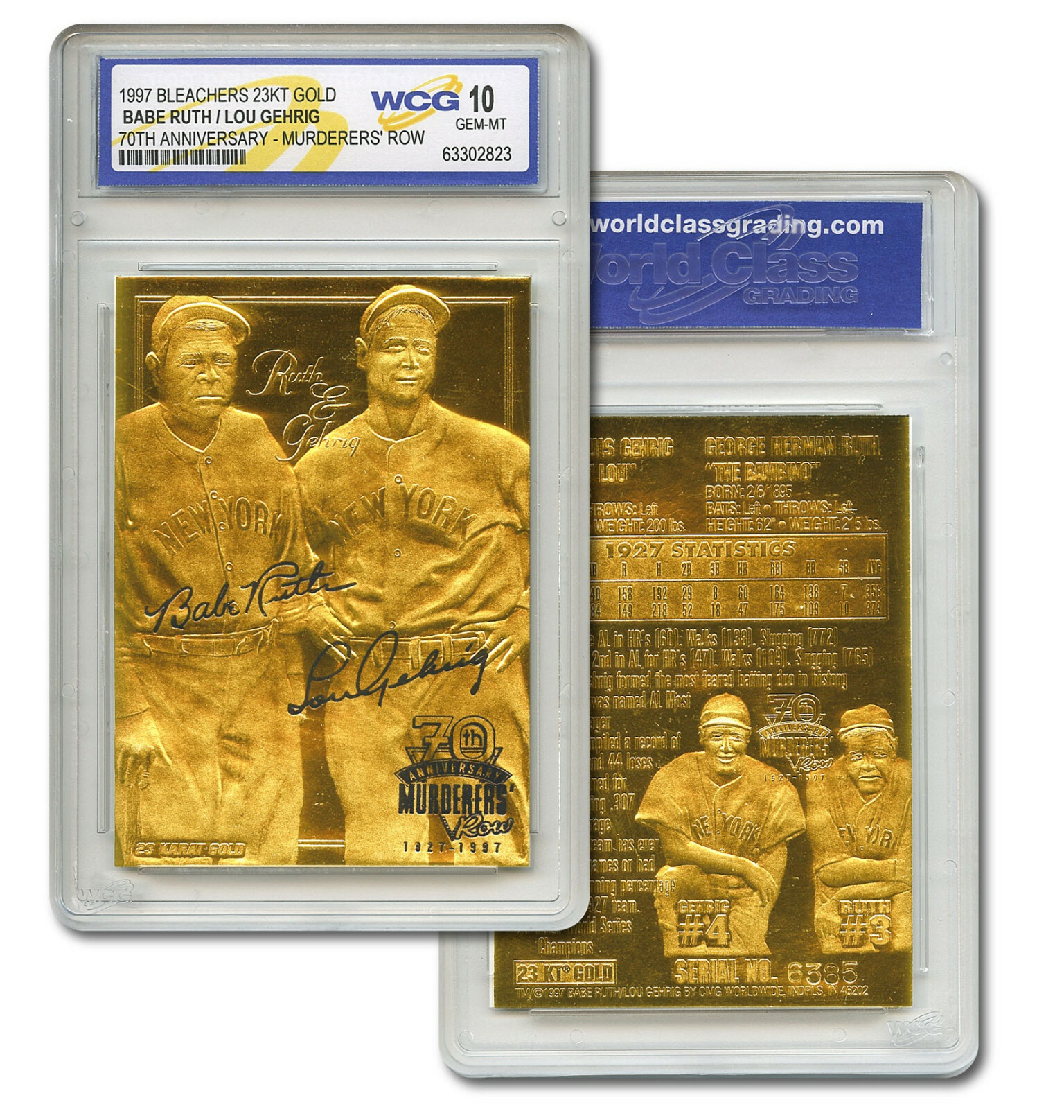 YANKEES MURDERERS' ROW BABE RUTH & LOU GEHRIG 23KT GOLD CARD - GEM-MINT 10