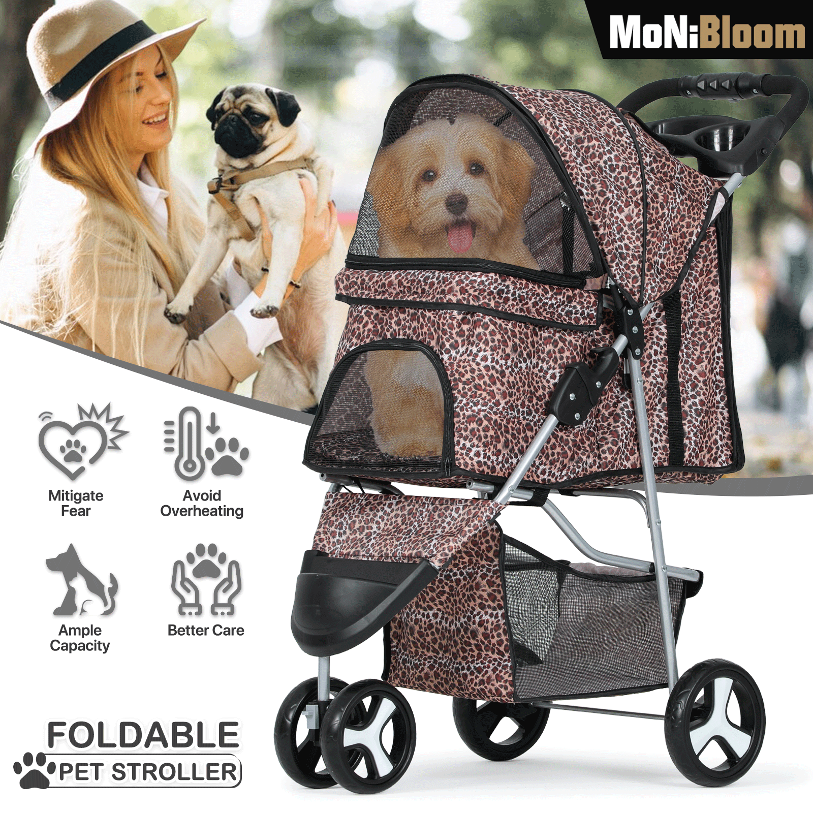 Portable Pet Dog Stroller Foldable 3 Wheels Puppy Travel Carrier Cart+Cup Holder
