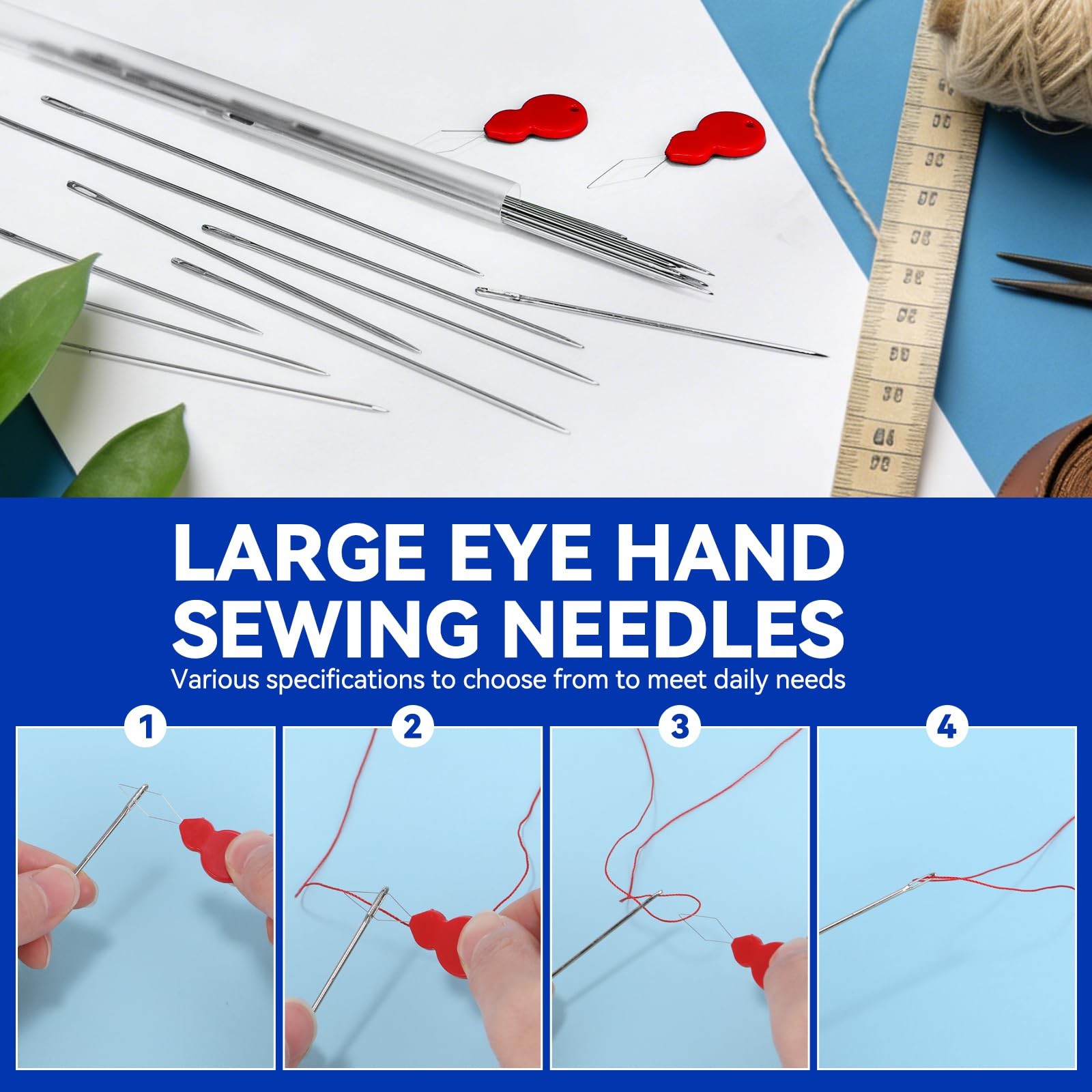 AUUIUOS 20 Pcs Steel Large Eye Hand Long Sewing Needles Includes 2 Needle Thr...