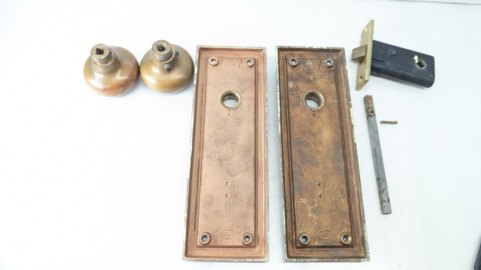 Heavy Brass 1920s Art Deco Corbin Set Door Knobs, Plates, Mortise MORE AVAILABLE