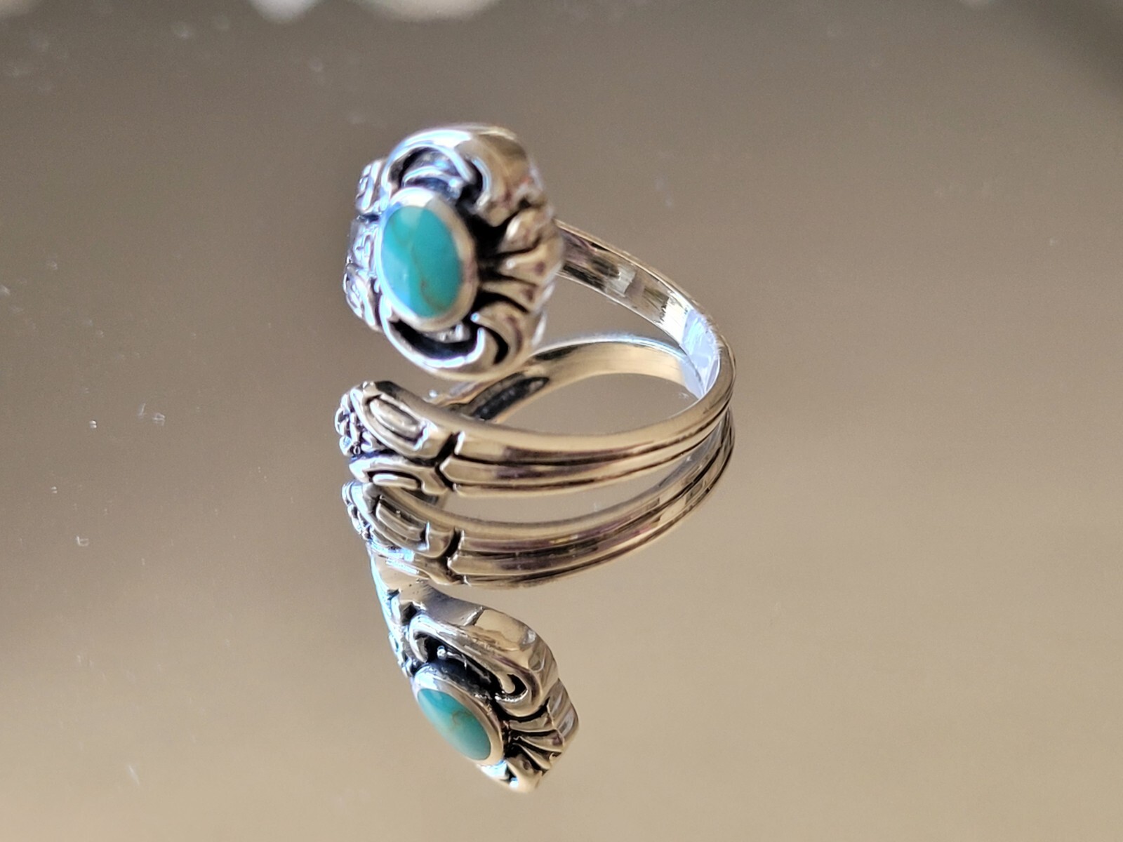 .925 Sterling Silver Victorian Turquoise Spoon Ring Adjustable Spoon Ring Band