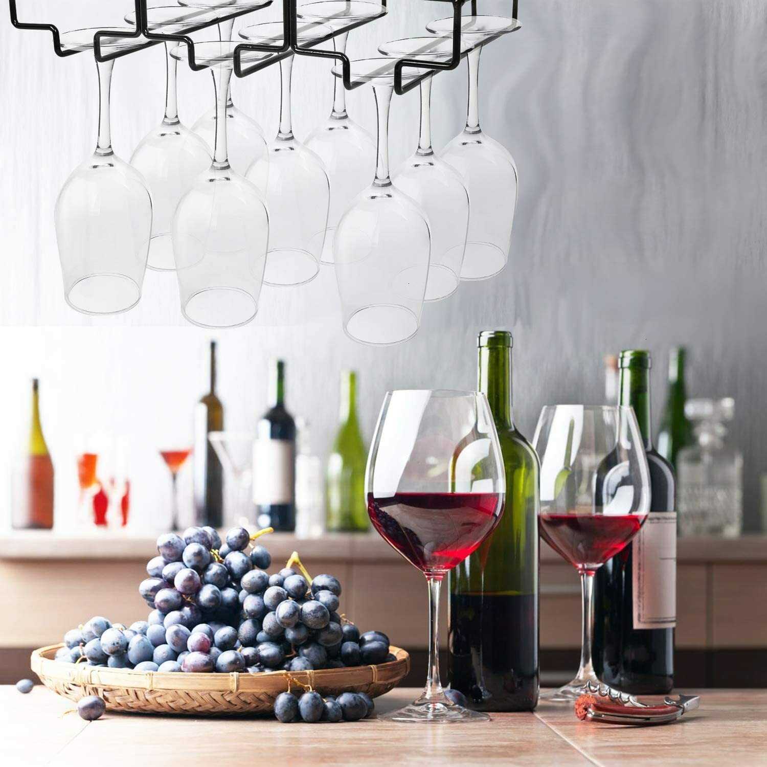 3 Rows Under Cabinet Stemware Wine Glass Holder Glasses for Bar Kitchen Black