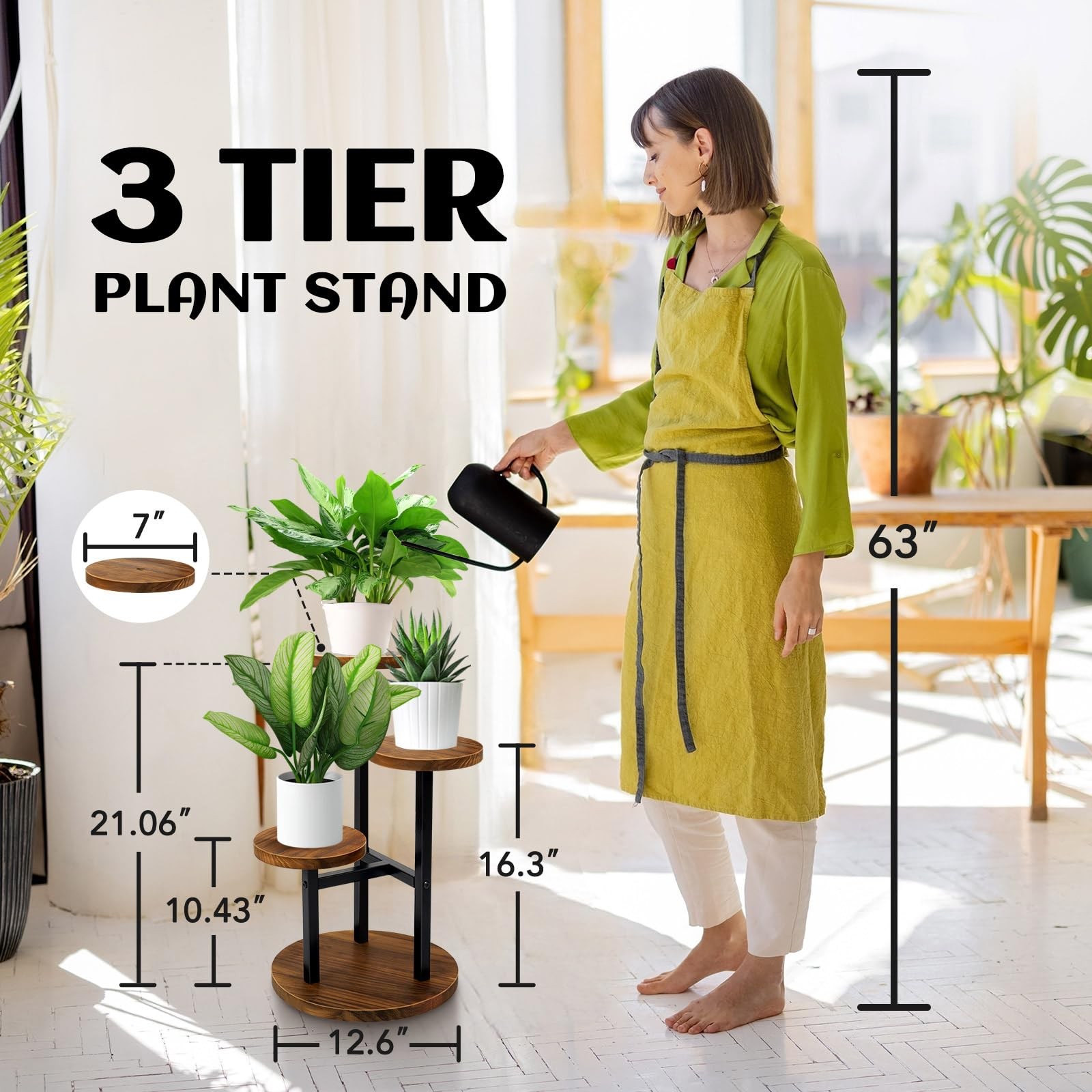 3 Tier Plant Stand, Tall Metal Wood Shelf Holder for Indoor, Outdoor Display ...