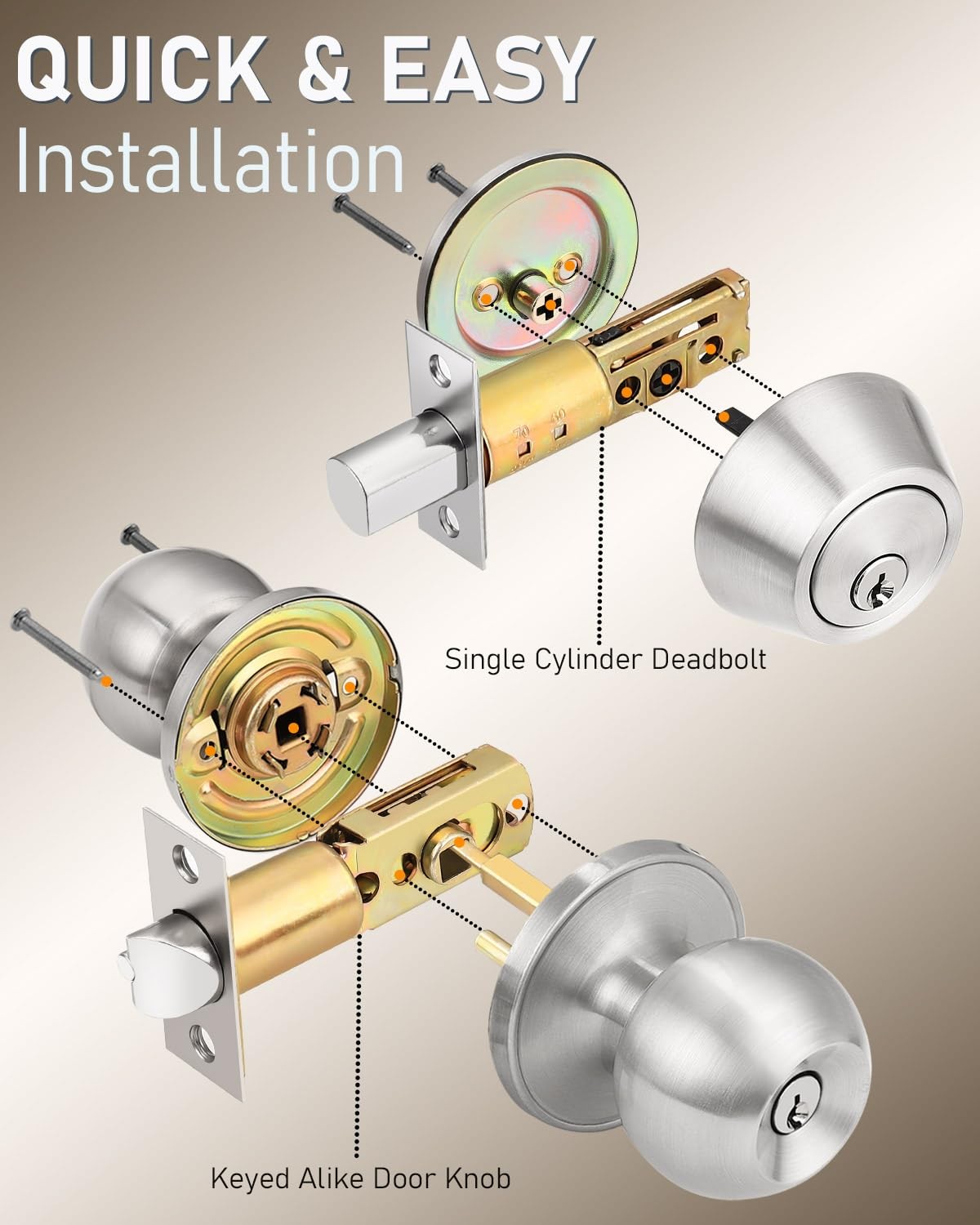 4 Pack Entry Knob & Deadbolt Set, Satin Nickel, Keyed Alike, Exterior
