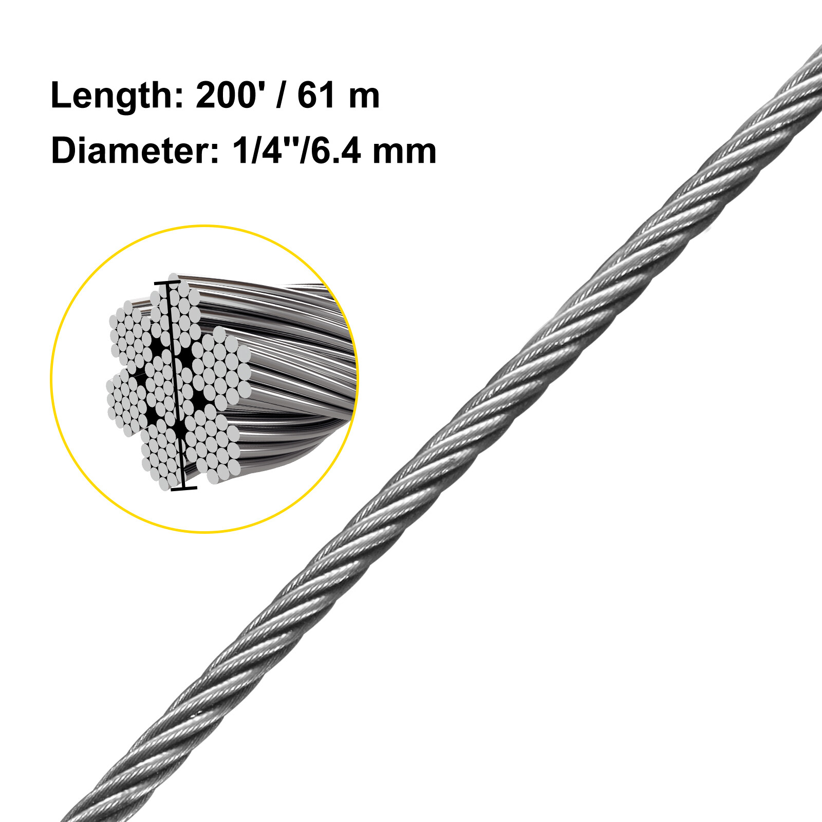 VEVOR T304 Stainless Steel Cable 1/4" 7x19 Steel Wire Rope 200ft Cable Railing