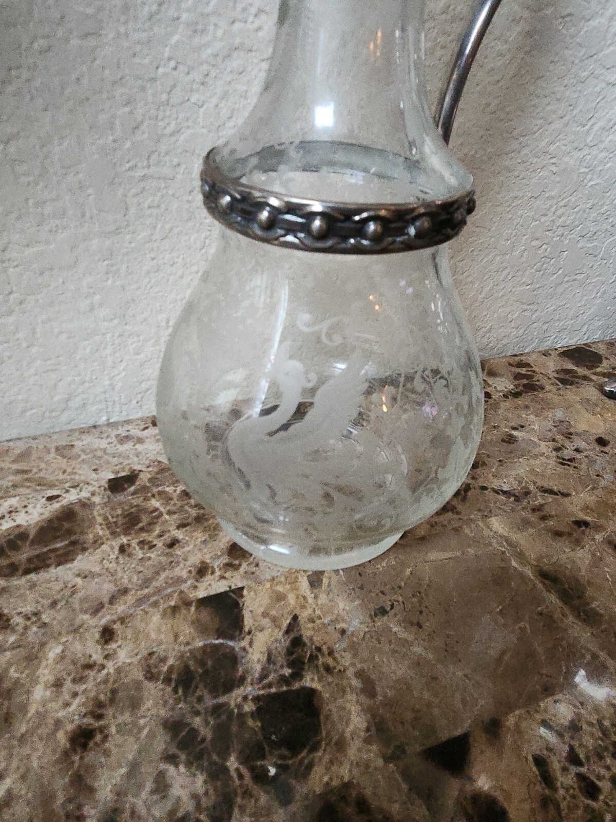 RARE Antique Circa Art Nouveau Silver Plate Etched Glass Claret Jug decanter