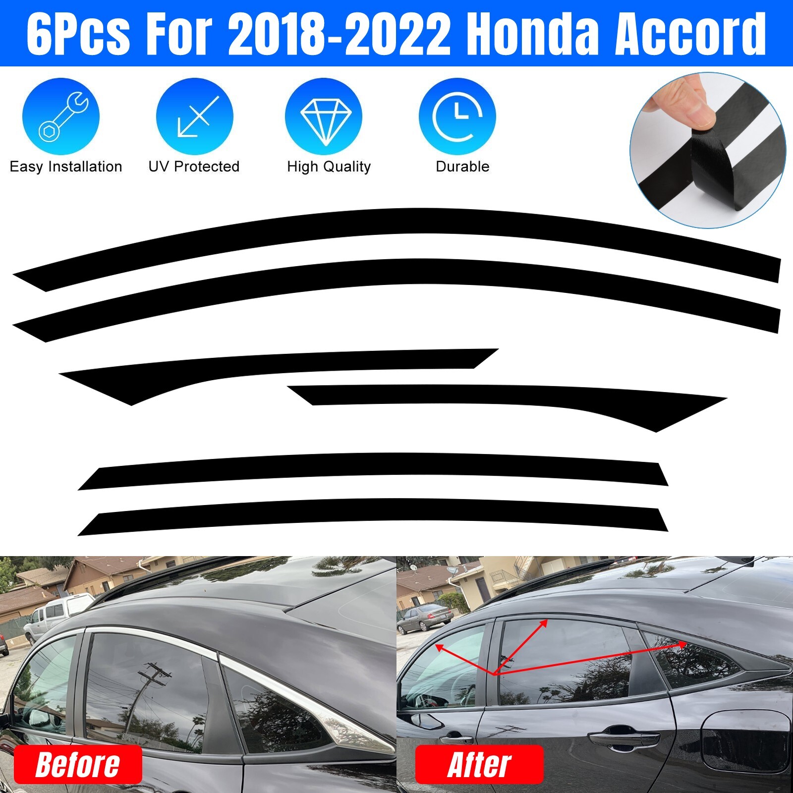 6Pcs Chrome Delete Blackout Window Trims For Honda Accord Sedan 2018-2022 Black
