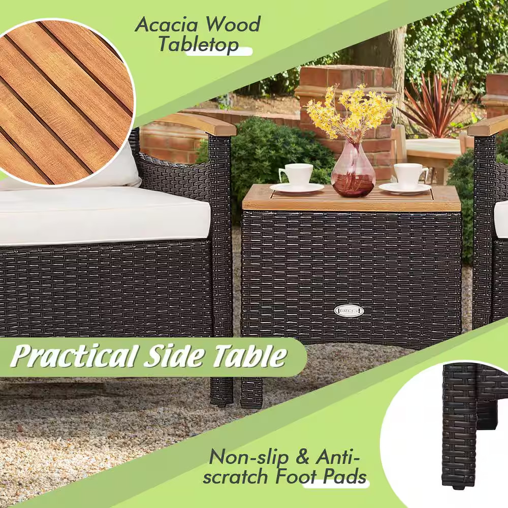 3-Piece Patio Rattan Furniture Set Wooden Armrest Table Top Cushioned Deck in of