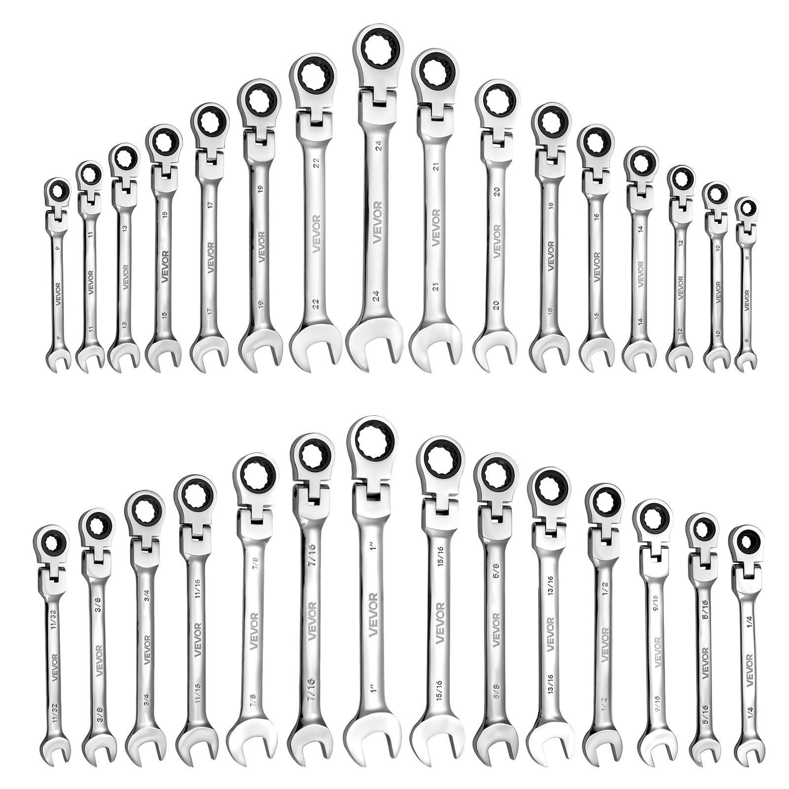 VEVOR Flex-Head Ratcheting Wrench Set Combination Wrench Set 30-Piece SAE Metric