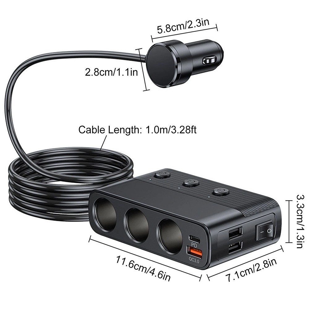 3 Way 12V/24V USB Car Cigarette Lighter Socket Splitter Power Adapter Charger