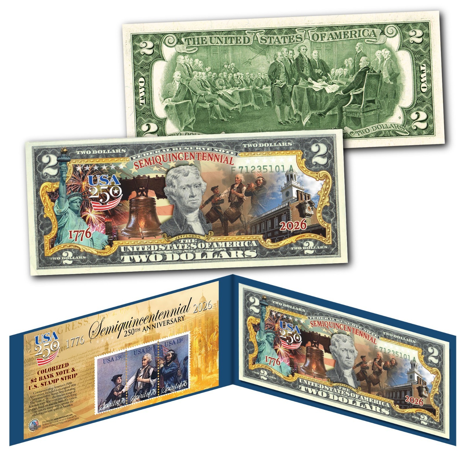 America 250th Anniversary Spirit of '76 Stamp Strip X July 4th USA250 $2 US Bill