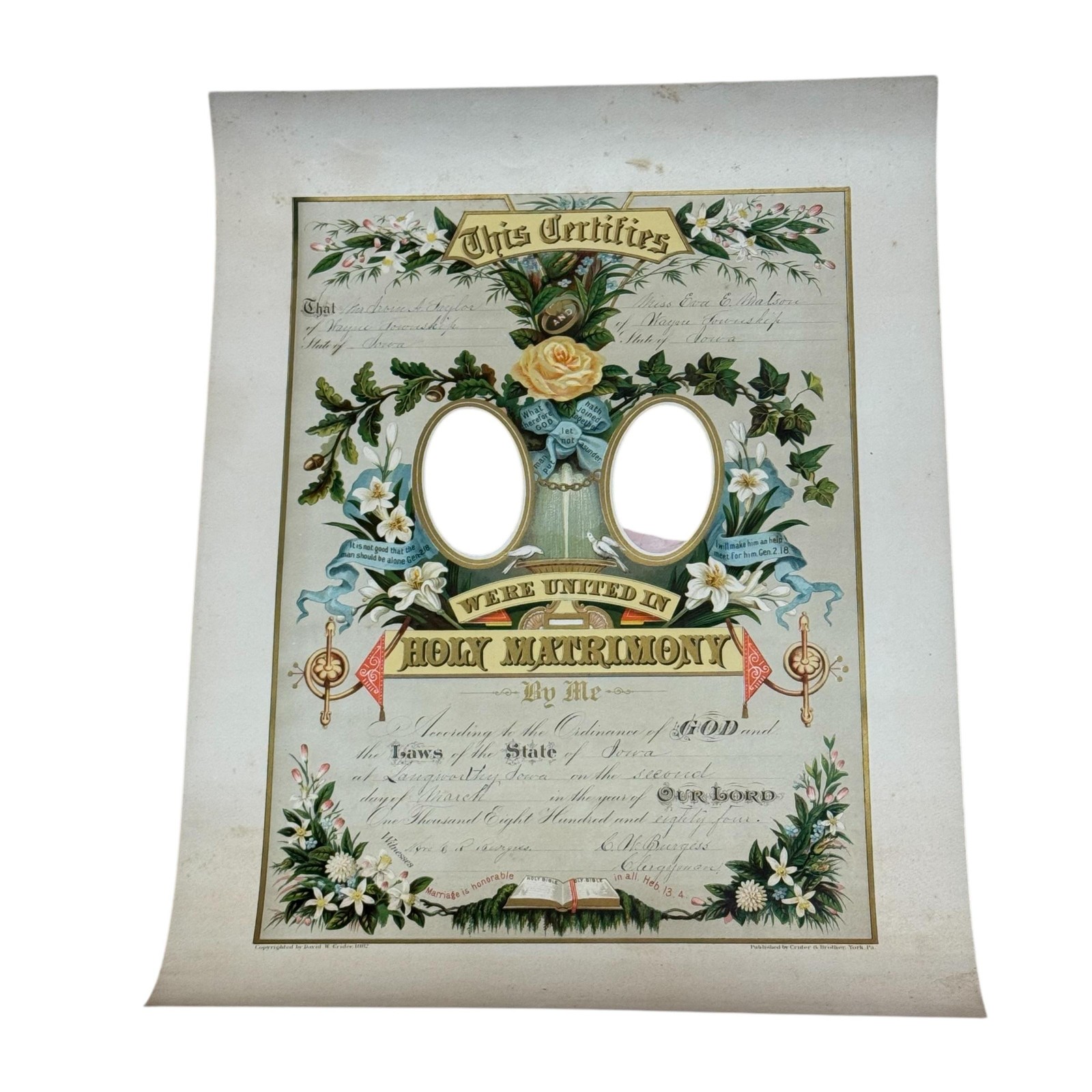 Antique 1882 Crider & Brother Holy Matrimony Marriage Wedding Certificate 15x20