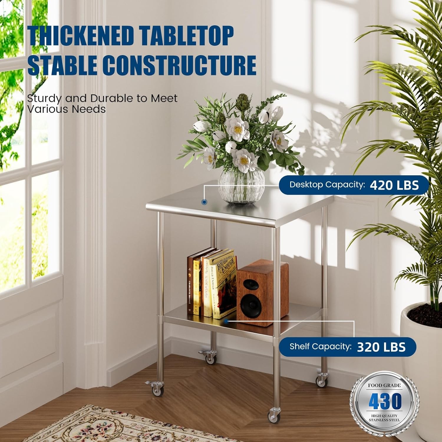 Stainless Steel Table with Wheels 24''x30'' Metal Prep Table for Kitchen Outdoor