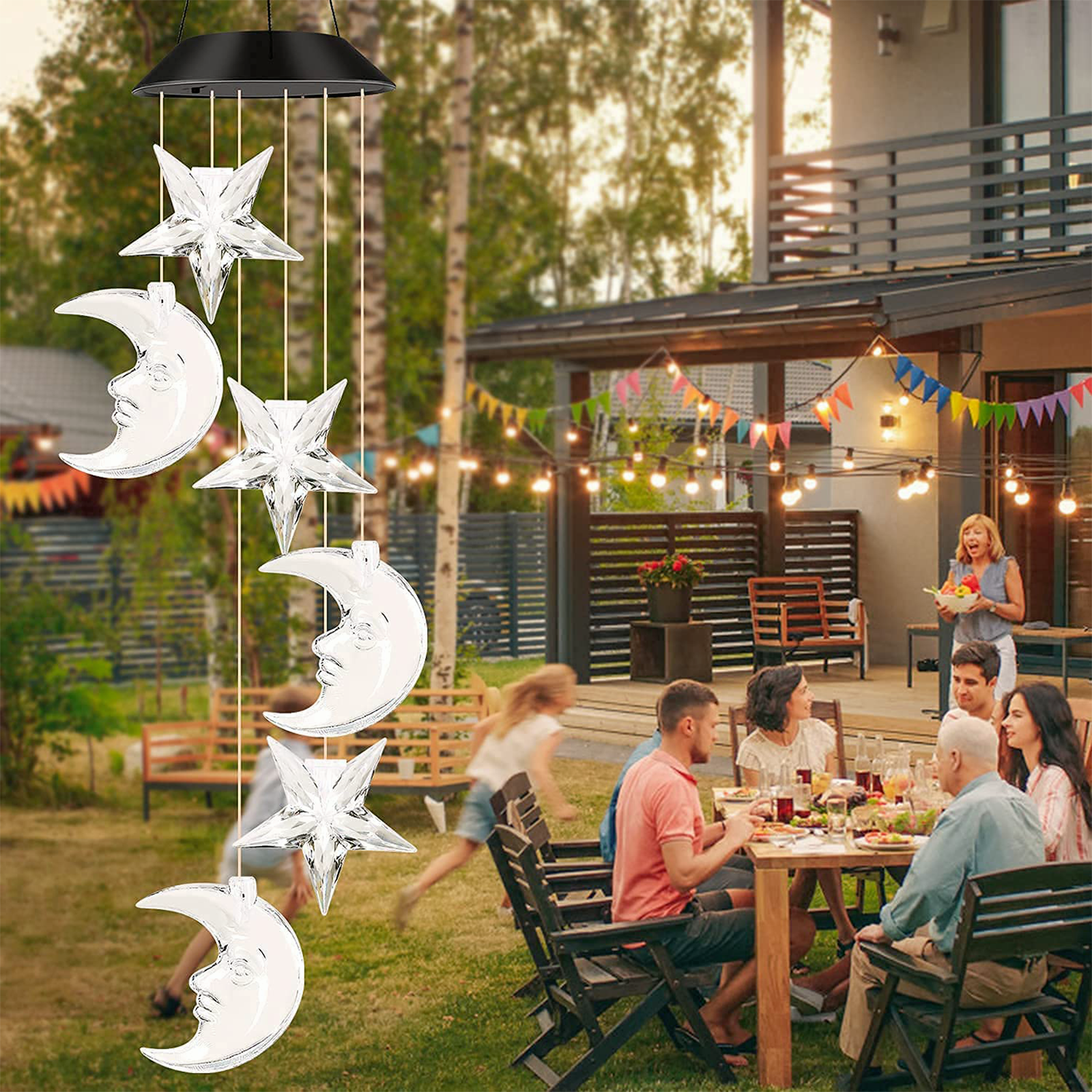 LED Solar Wind Chimes Lights Moon&Star Color Changing Lawn Hanging Lamp Decor US