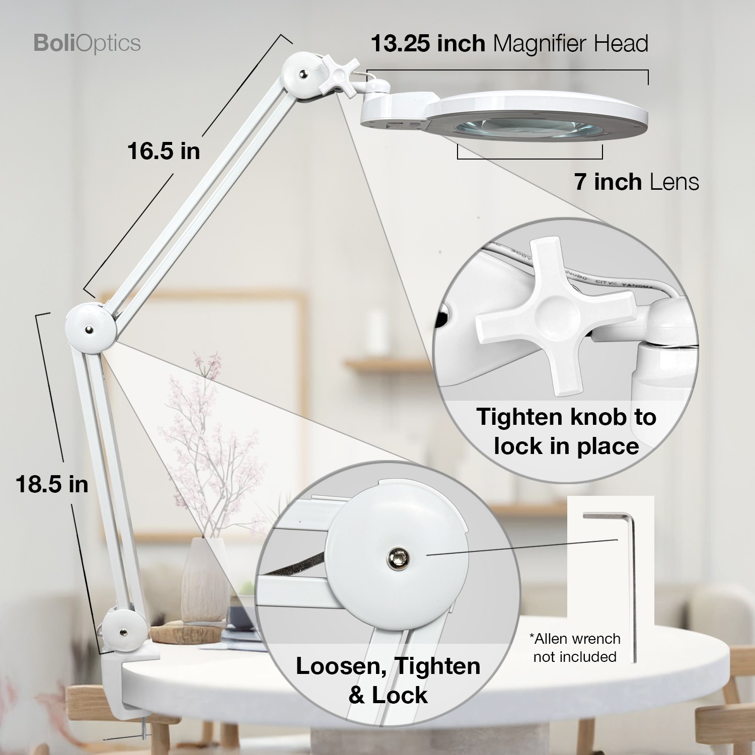 LED Magnifying Lamp w/ Clamp, Large 7 inch glass lens (5 Diopter, 2.25X)