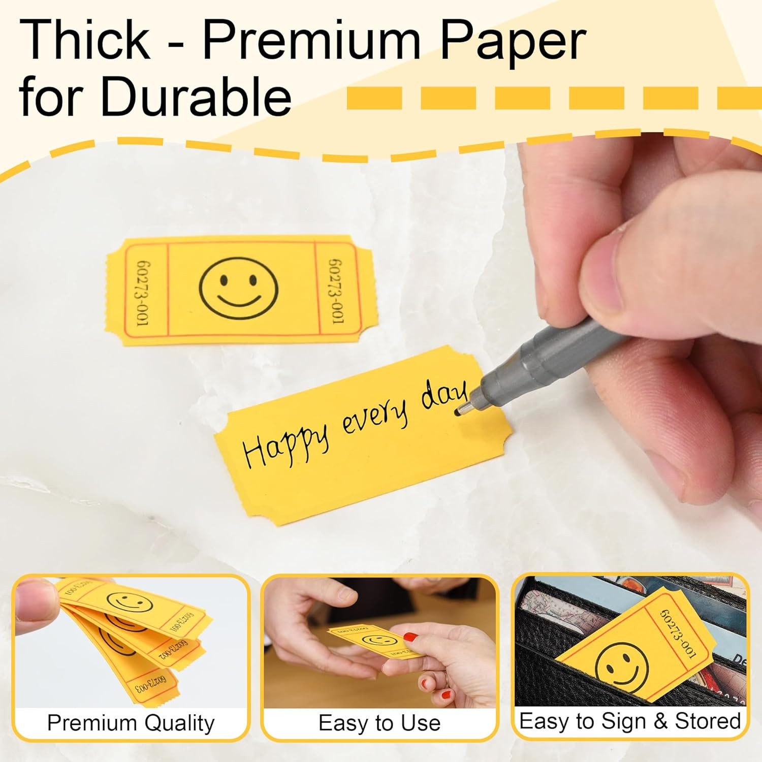 500 Raffle Tickets, Smile,Yellow(6 Color Selection), Single Roll, Ticket for Eve