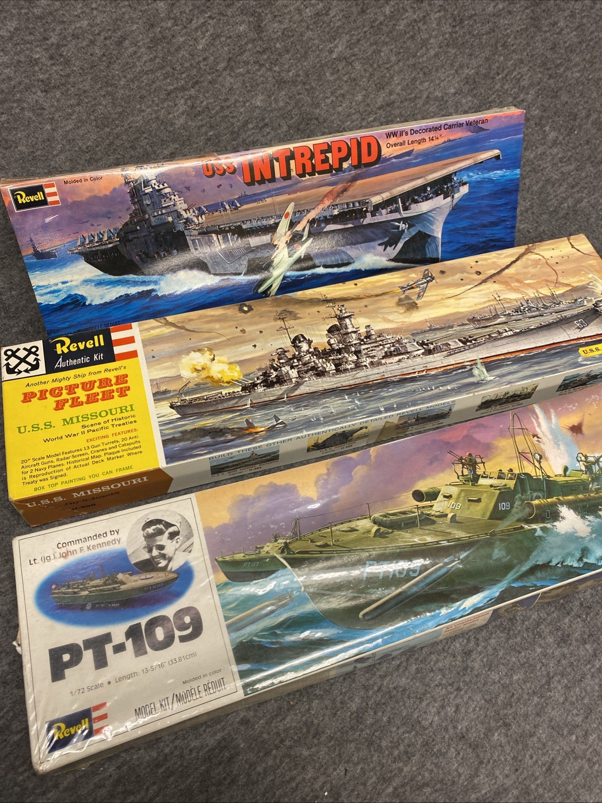 1969 Revell USS Missouri H-300  20”1977 PT-109  1/72   1972 USS Intrepid 1/720