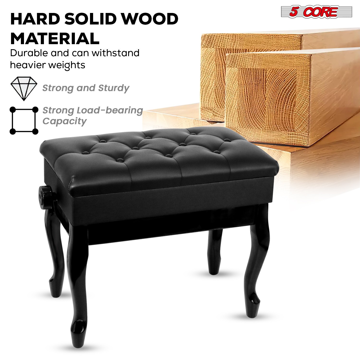 5 Core Piano Bench 3" Padded Cushioned Stool Wooden Heavy Duty Musician Chair