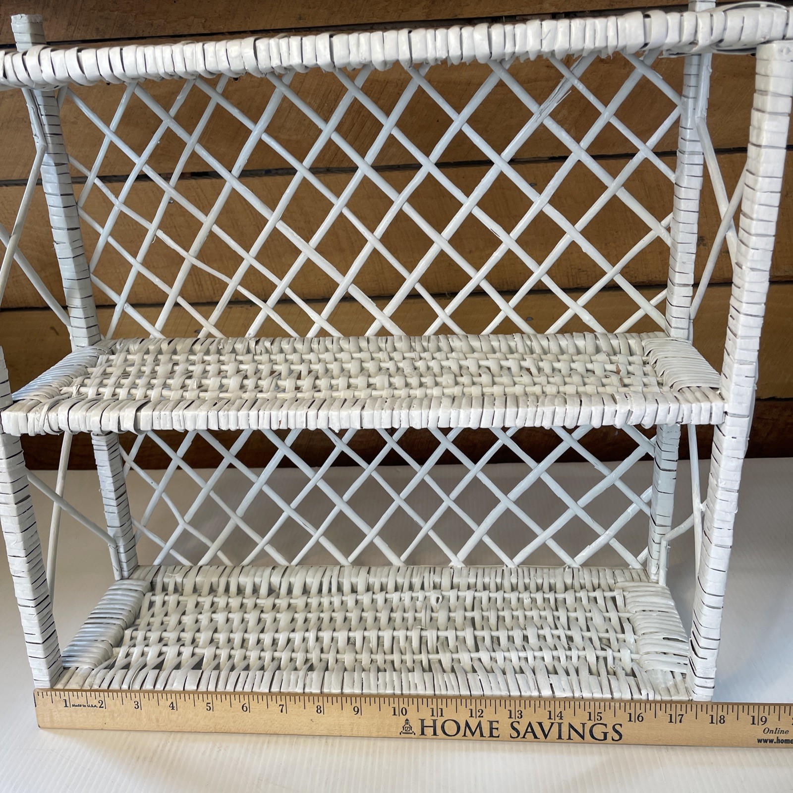 Vtg White Wicker Wall or Free Standing Shelf Boho, Shabby Chic, Cottage, Beach