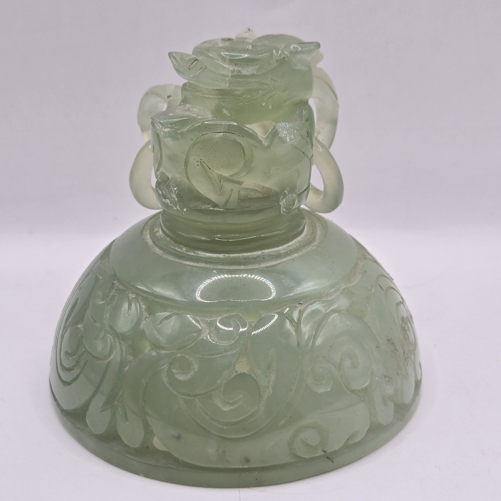 Vintage Chinese Jade Carved Foo Dog Incense Burner 8" x 7.5" READ FOR FAULTS