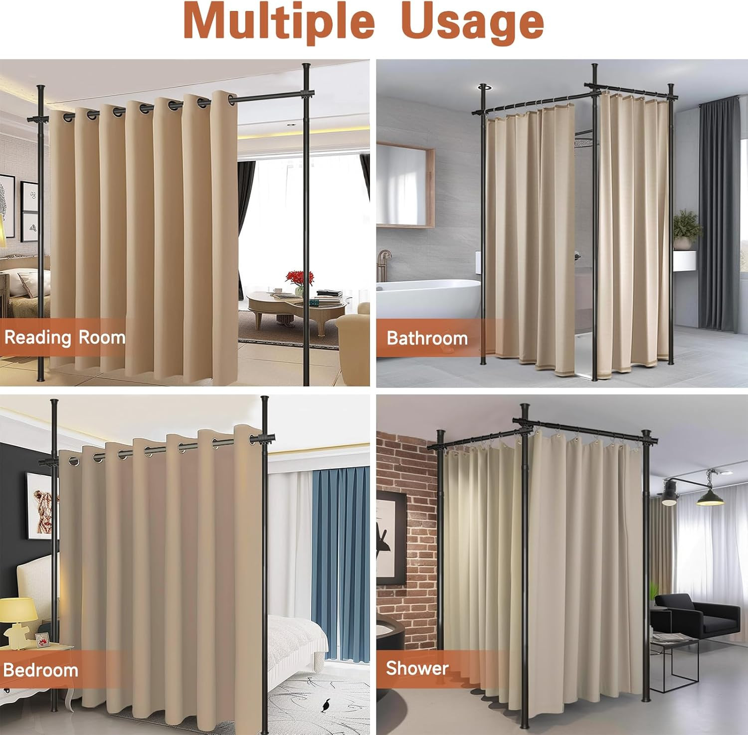 Adjustable Room Divider, 4-10Ft Height, No-Drill Privacy Wall Separator, Black