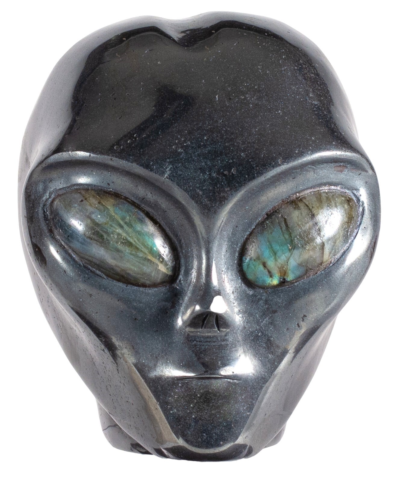 4" HEMATITE Star Being Female Alien Head Crystal Skull Labradorite Eyes Large