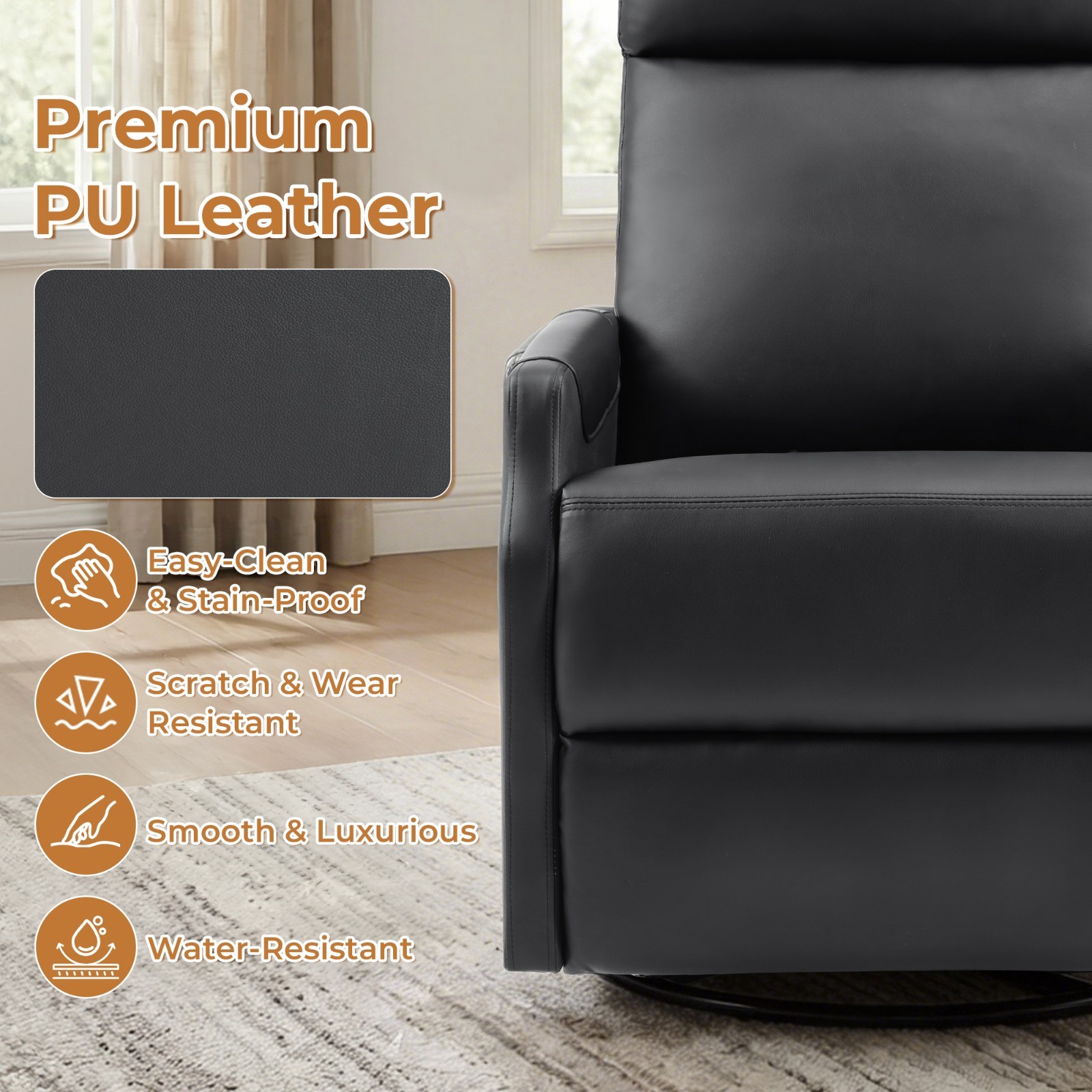 EBELLO Manual Swivel Recliner Chair with Massage & Heat, PU Leather Rocker Chair