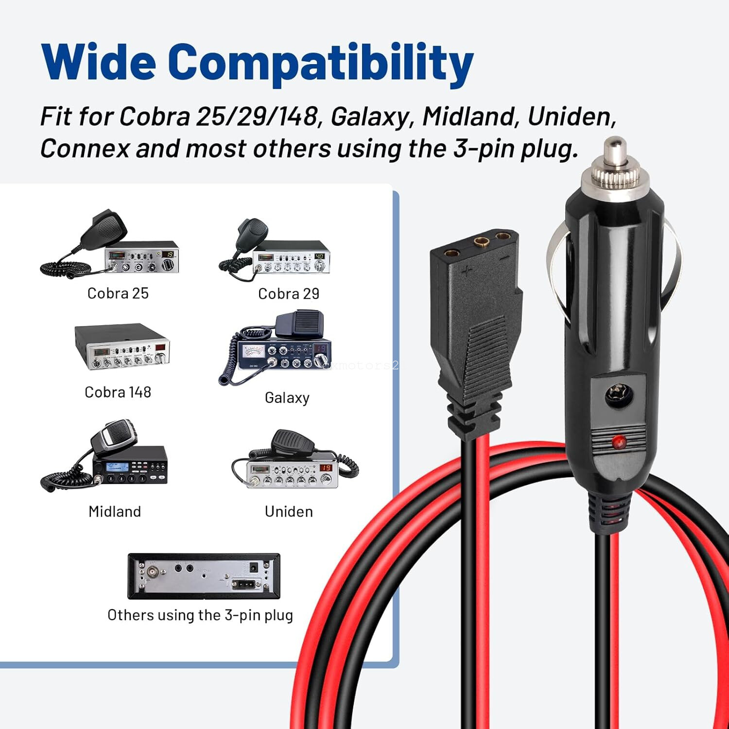 2x 3-Pin CB Radio Power Cord with Cigarette Lighter Socket Extension For Cobra