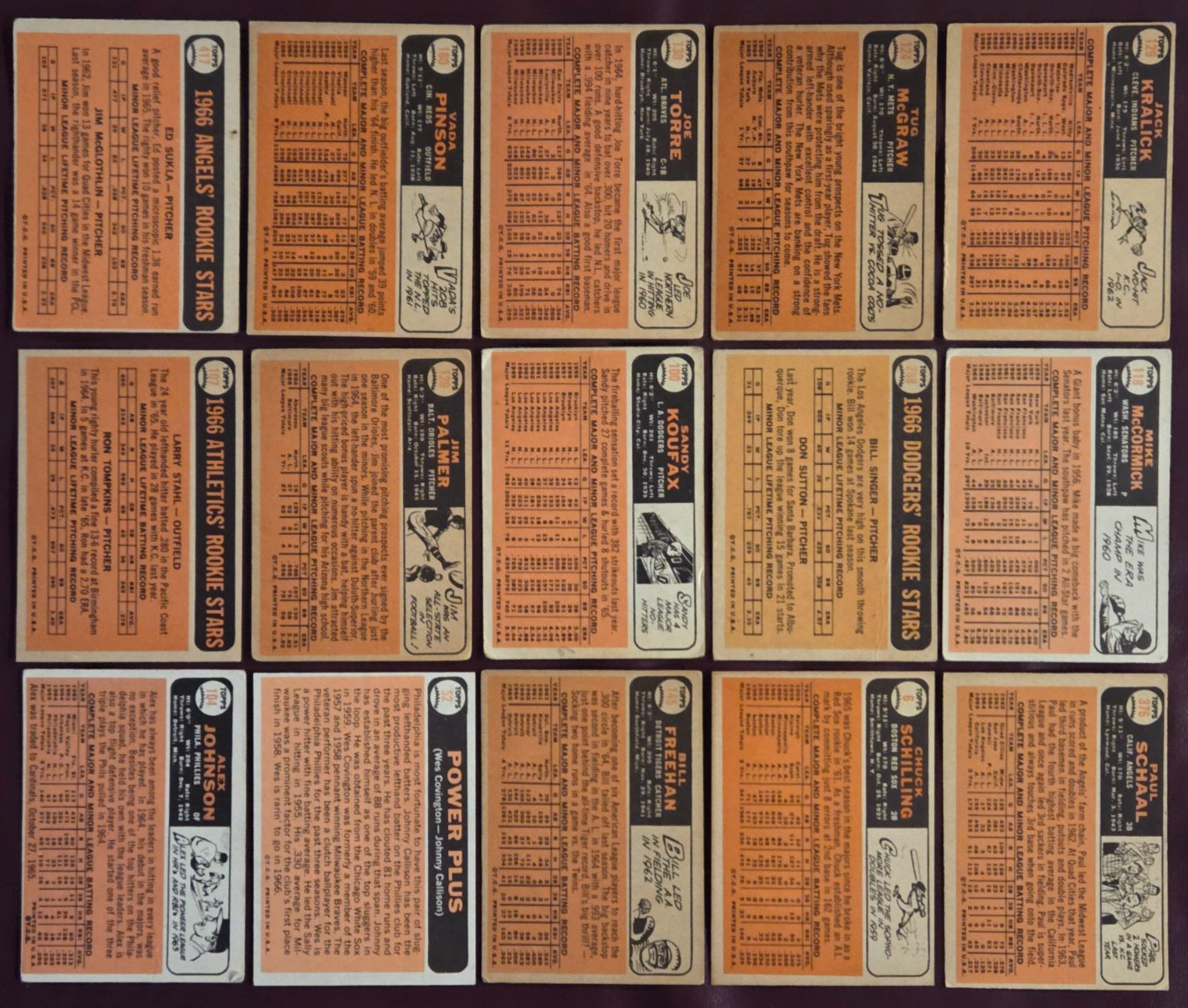 1966 Topps HOF Lot (15) Koufax Palmer RC Sutton RC Torre Freehan McGraw MORE L/M