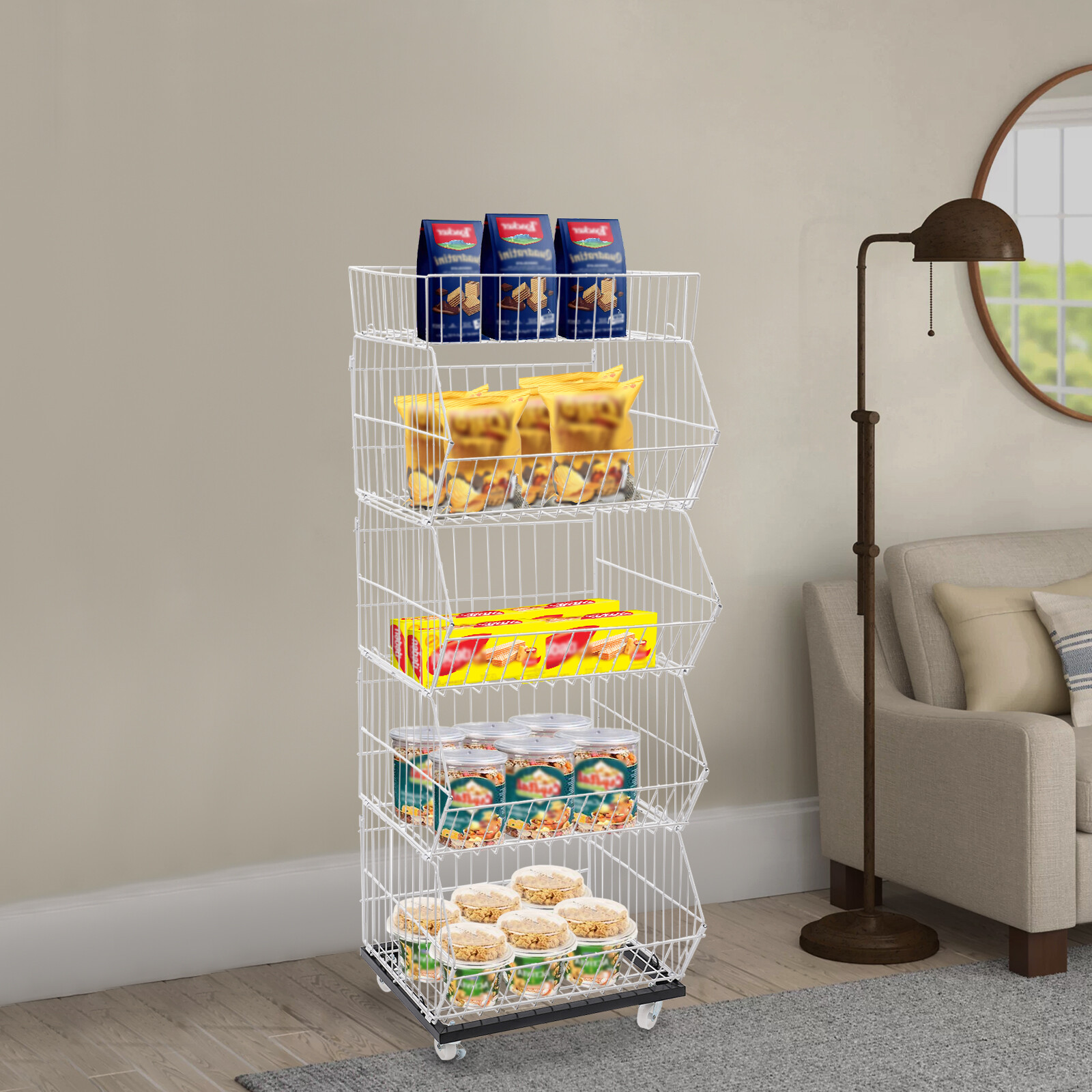 5-Tier Wire Grid Retail Display Rack with Wheels - Sturdy & Stylish Storage