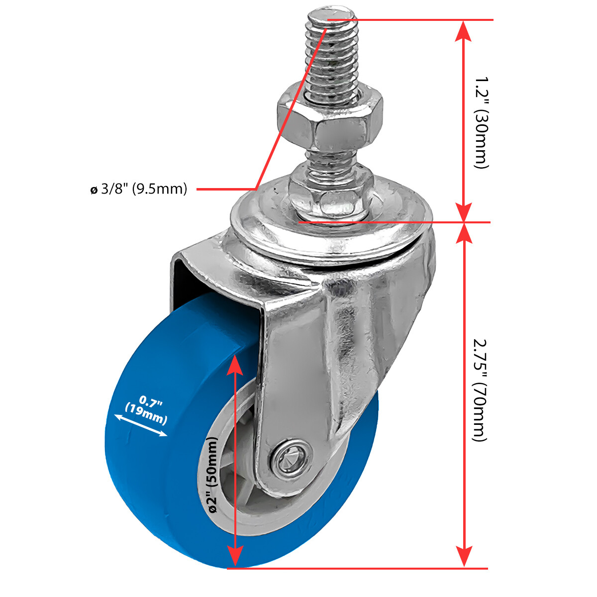 4 Pack 2 Inch Stem Caster Swivel Blue Polyurethane Caster Wheels