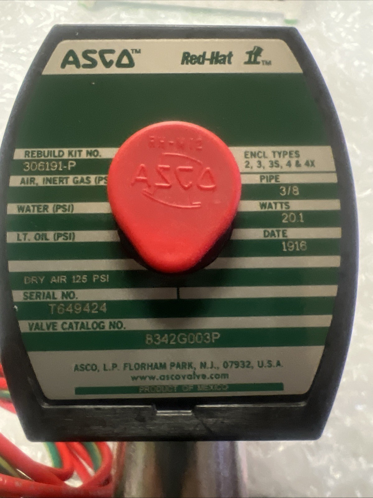 ASCO RED HAT 8342G003P Solenoid Valve: 3/8" NEW