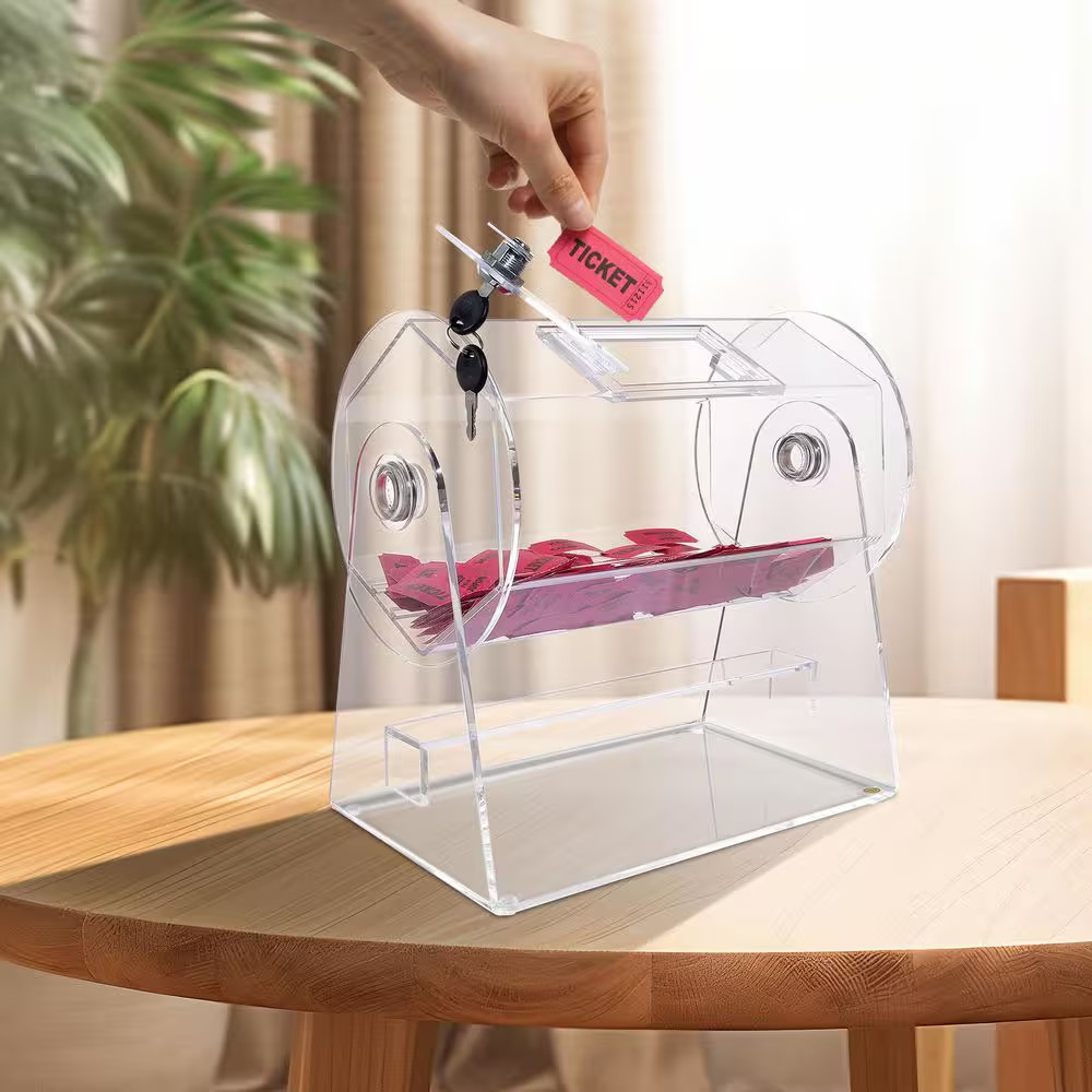 Acrylic Raffle Drum, Professional Raffle Ticket Spinning Cage with 2-Keys, Trans