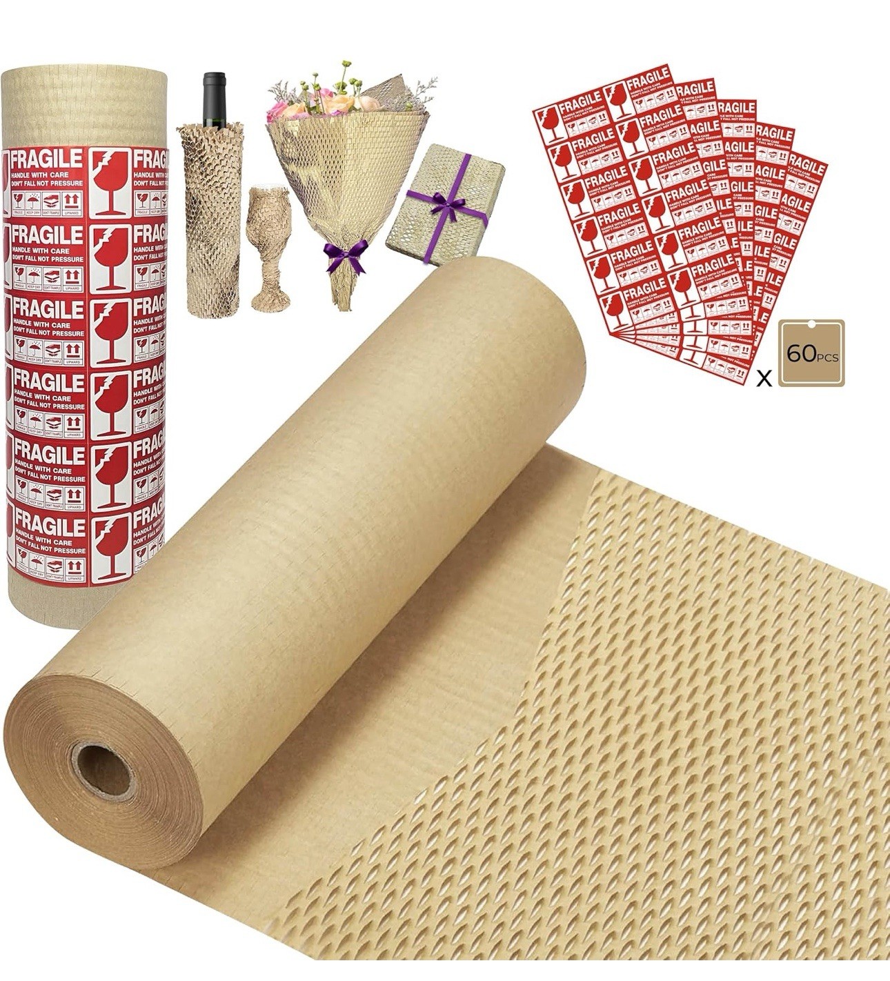 Honeycomb Packing Supplies Paper Wrap 15 X 250ft w/ 60 Fragile Sticker Labels