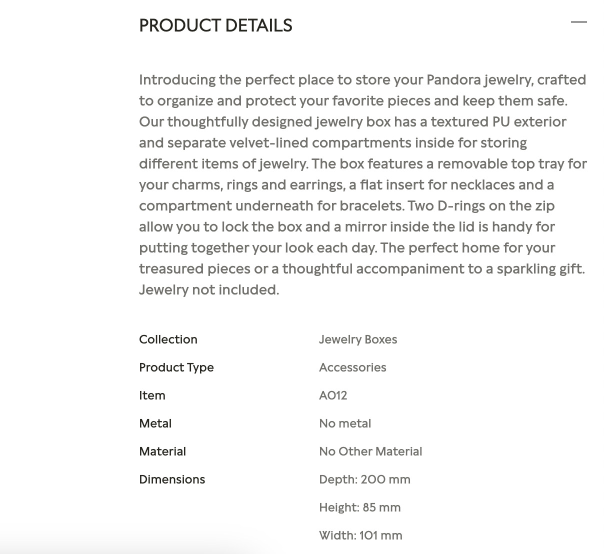 Authentic NEW BOX Pandora Grey Small Jewelry Box A012