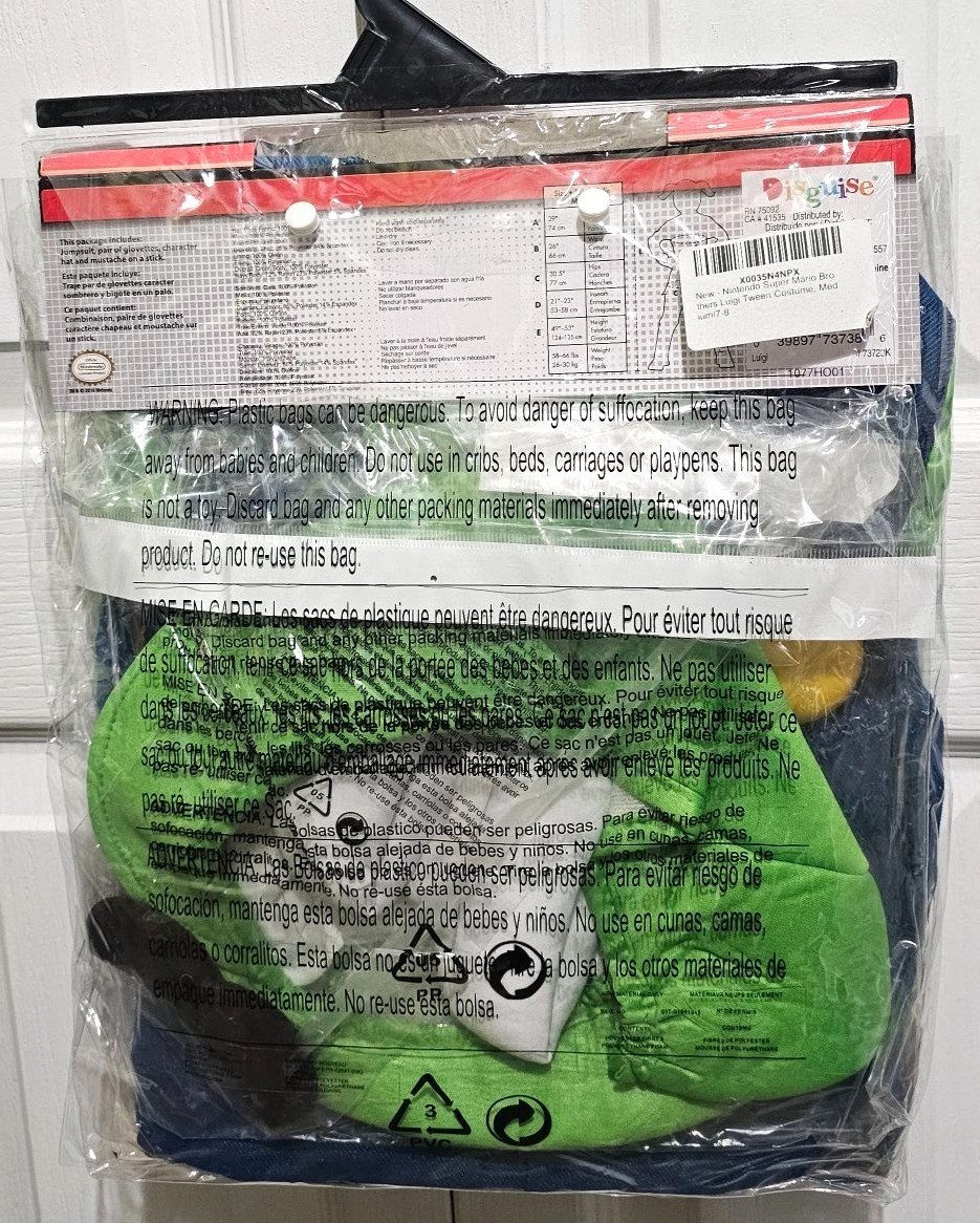 Luigi Costume Girls 7-8 Mustache Stick Gloves Hat Jumpsuit Super Mario Cute NEW