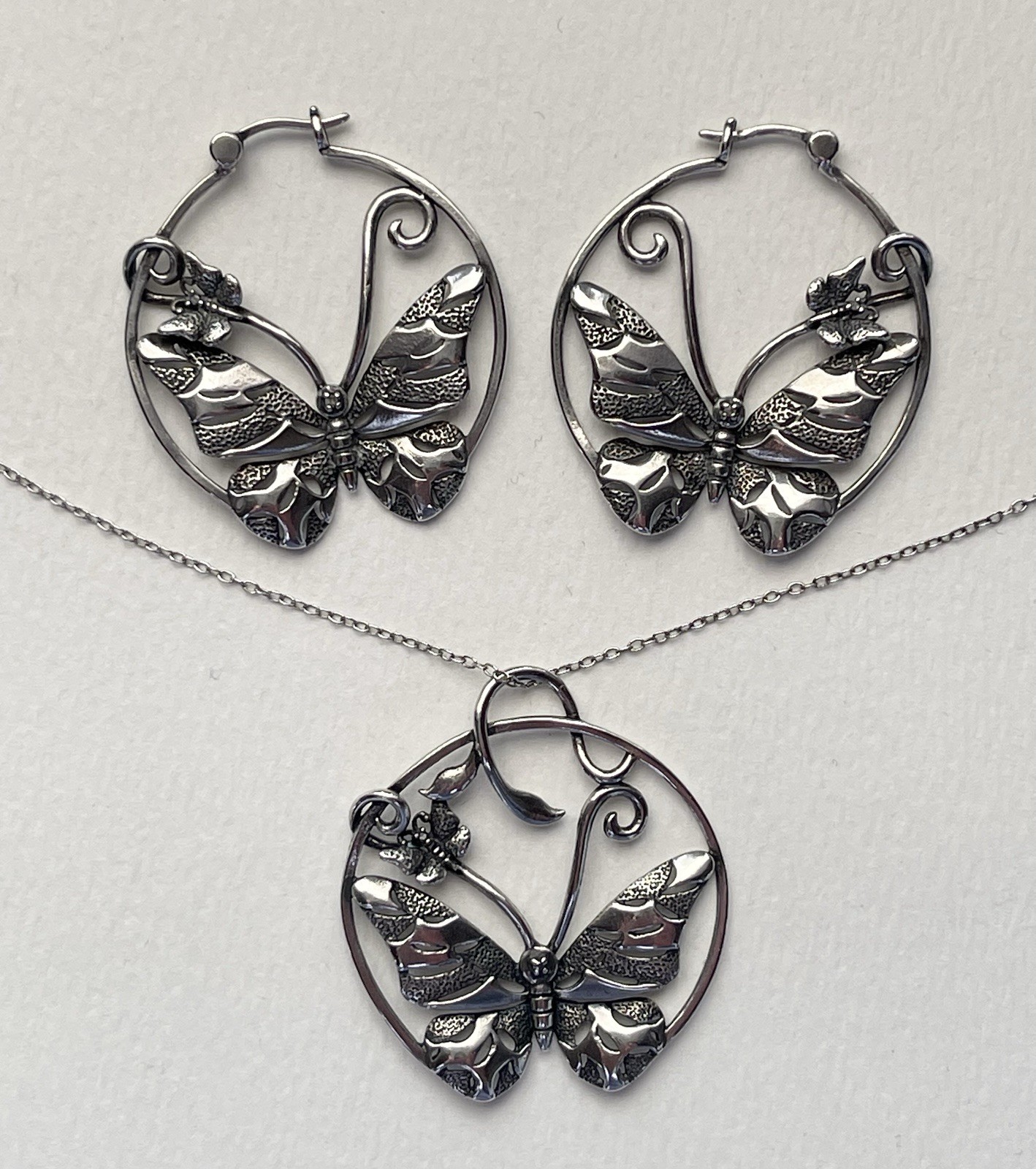Sterling Silver Butterfly Hoop Earrings & Pendant Necklace 18” Set Signed 925 DL