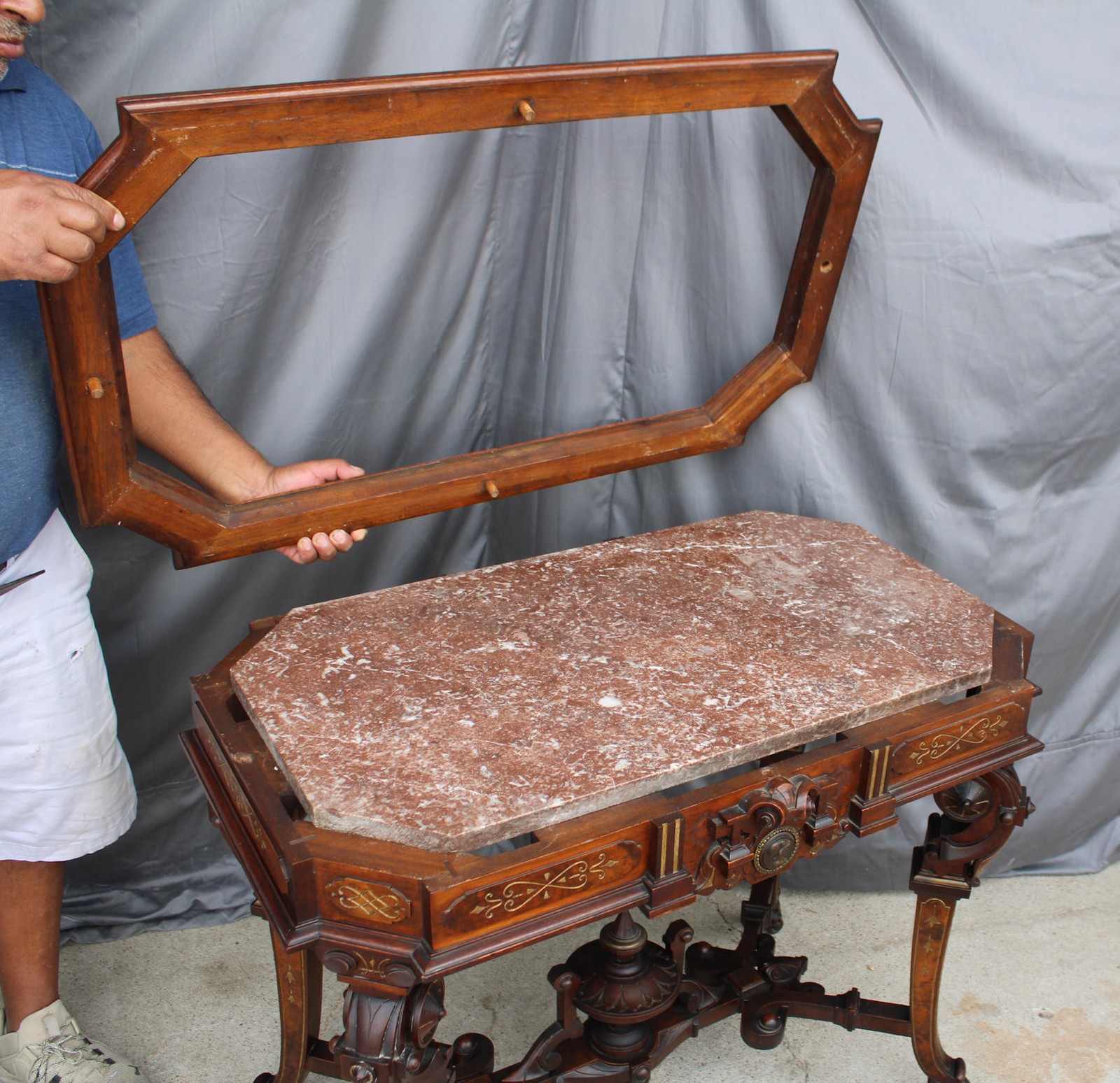 Antique Victorian Renaissance Revival Parlor table with framed Brown Marble top