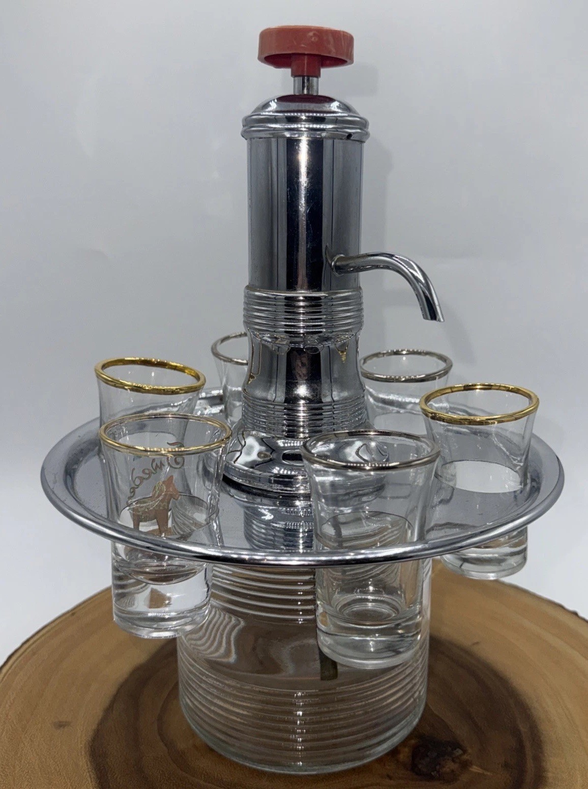 Vintage Liquor Dispenser Pump & Glass Decanter W/6 Shot Glasses W/Chrome Tray