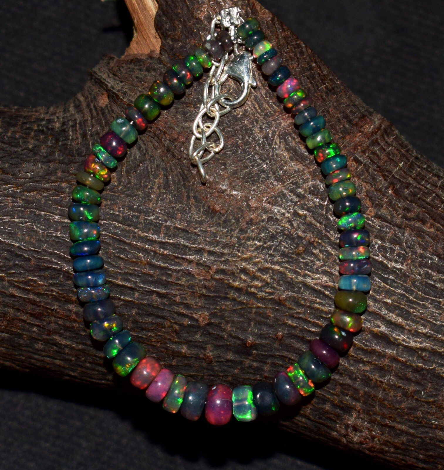 Solid 925 Sterling Silver Natural Ethiopian Opal Gemstone Beads 7"Bracelet F0362