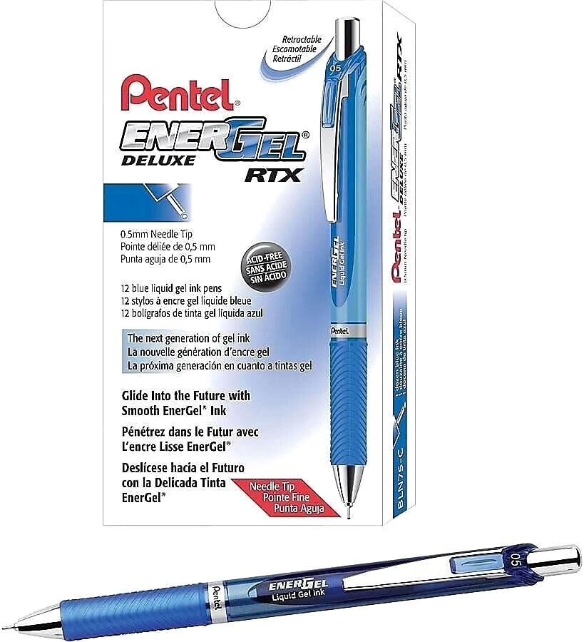 Pentel EnerGel RTX Retractable Gel Pen, Needle Tip Fine Point, Blue ink, 12 pens