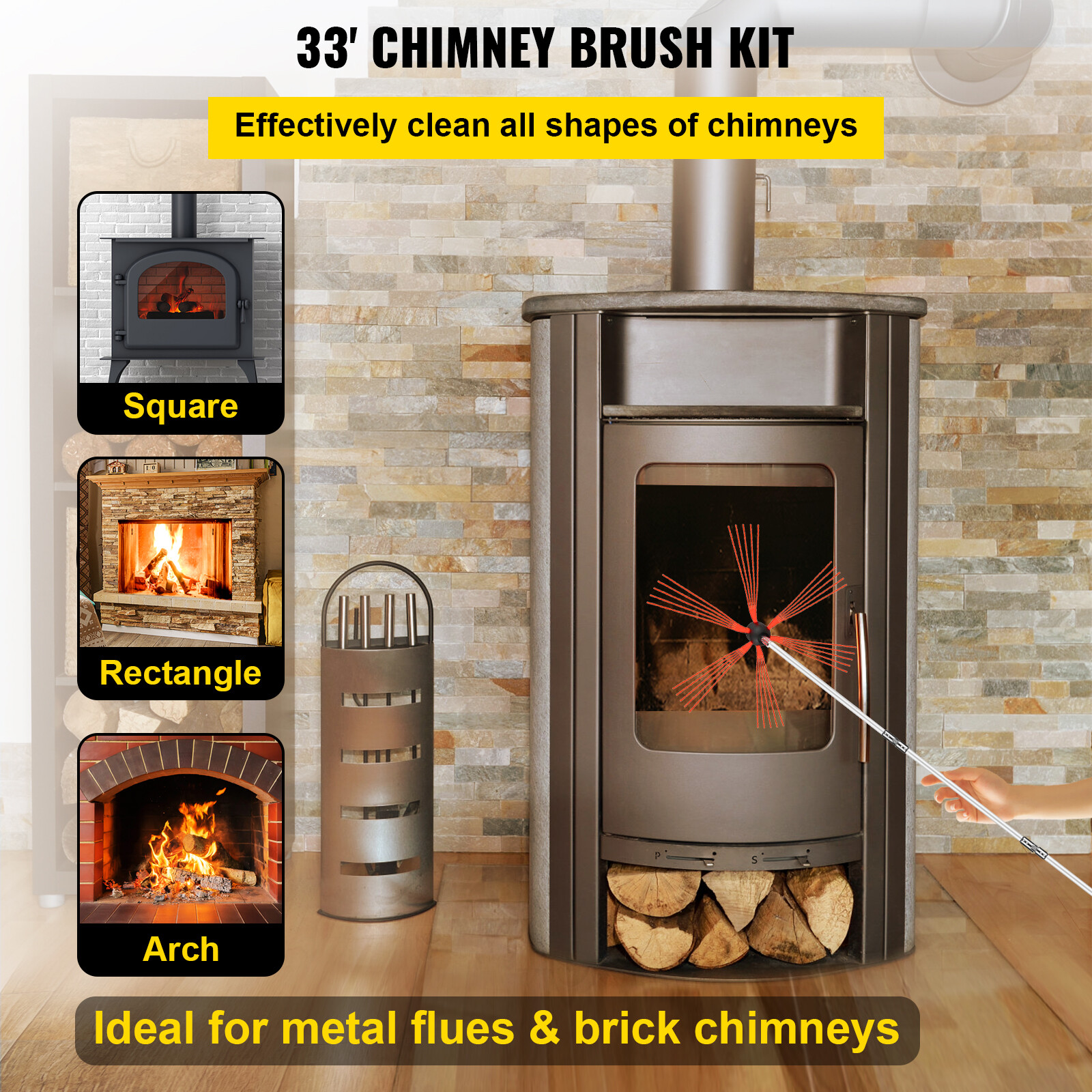 33FT Chimney Cleaner Sweep Kit Cleaning System Rotary Brush Rod Fireplace 10m