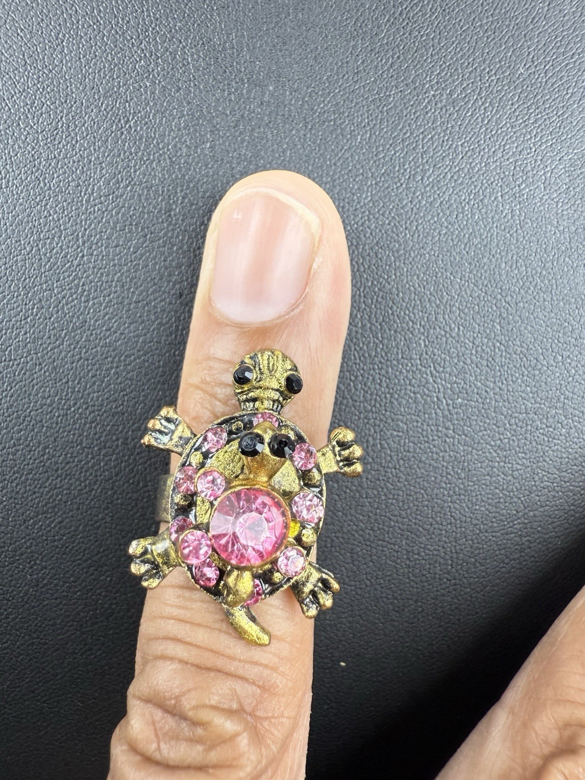 Gold Tone Pink Rhinestone Double Turtle Ring Size 5-7 Jewelry
